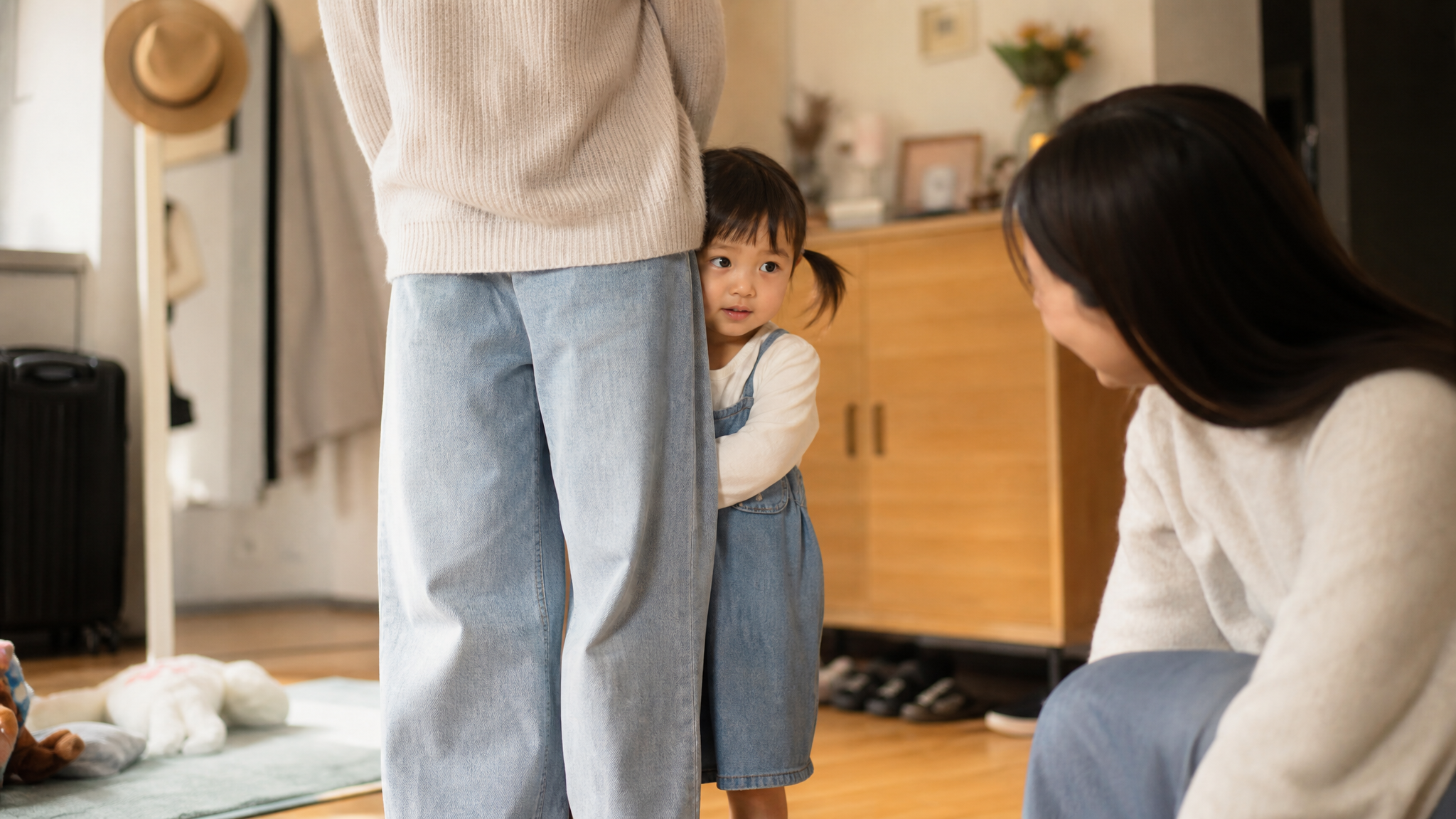 A cute 2-year-old Chinese toddler hiding behind th