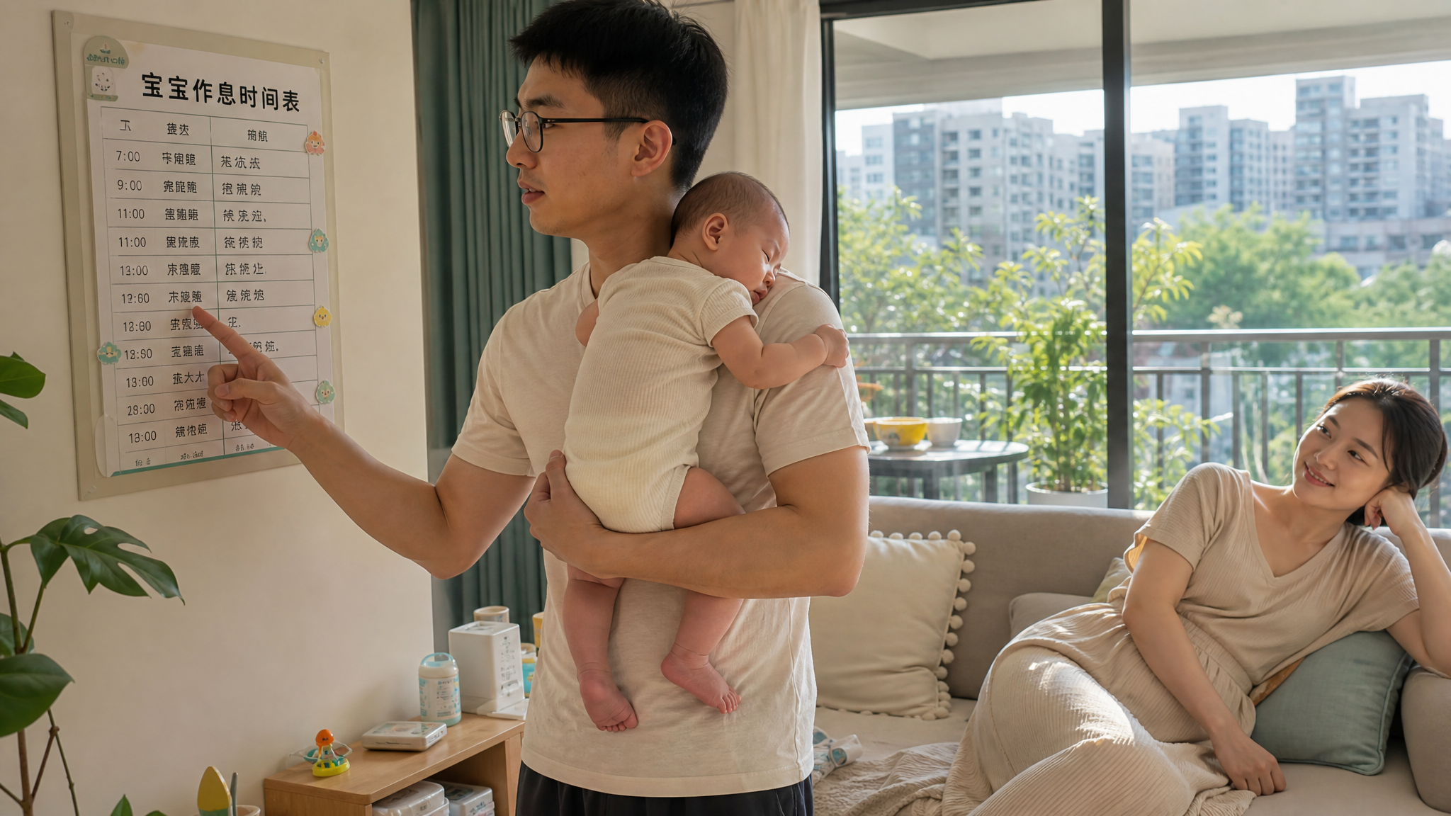 A cozy indoor scene of a young Chinese couple mana