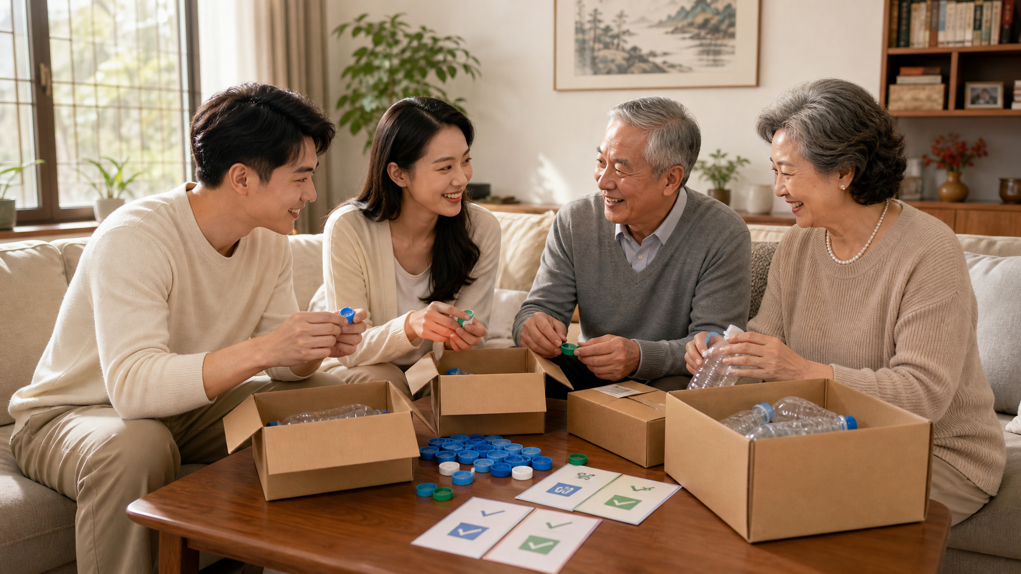 A warm and tidy living room, a Chinese family (you