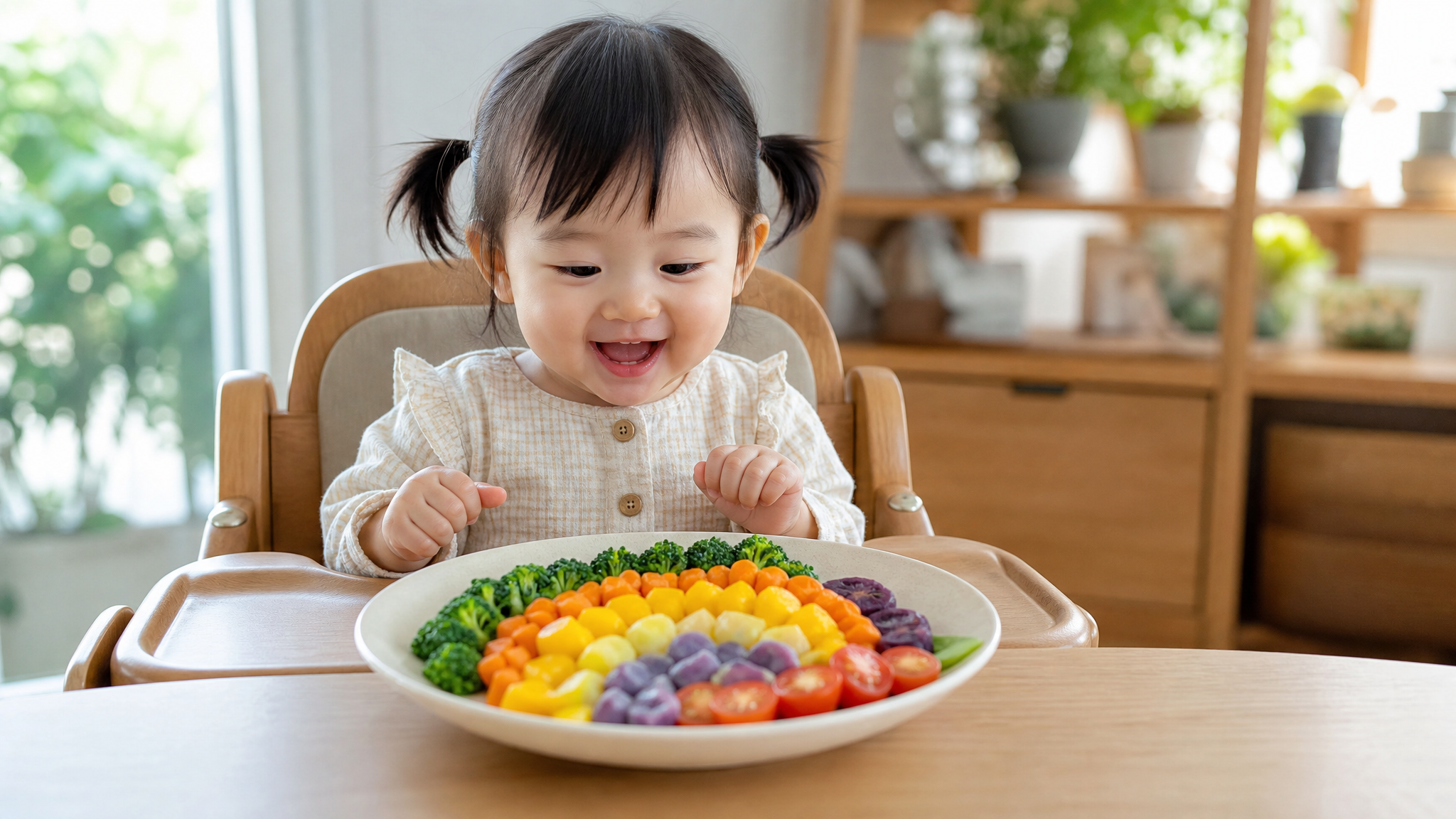 A cute Chinese toddler sitting at a high chair, lo