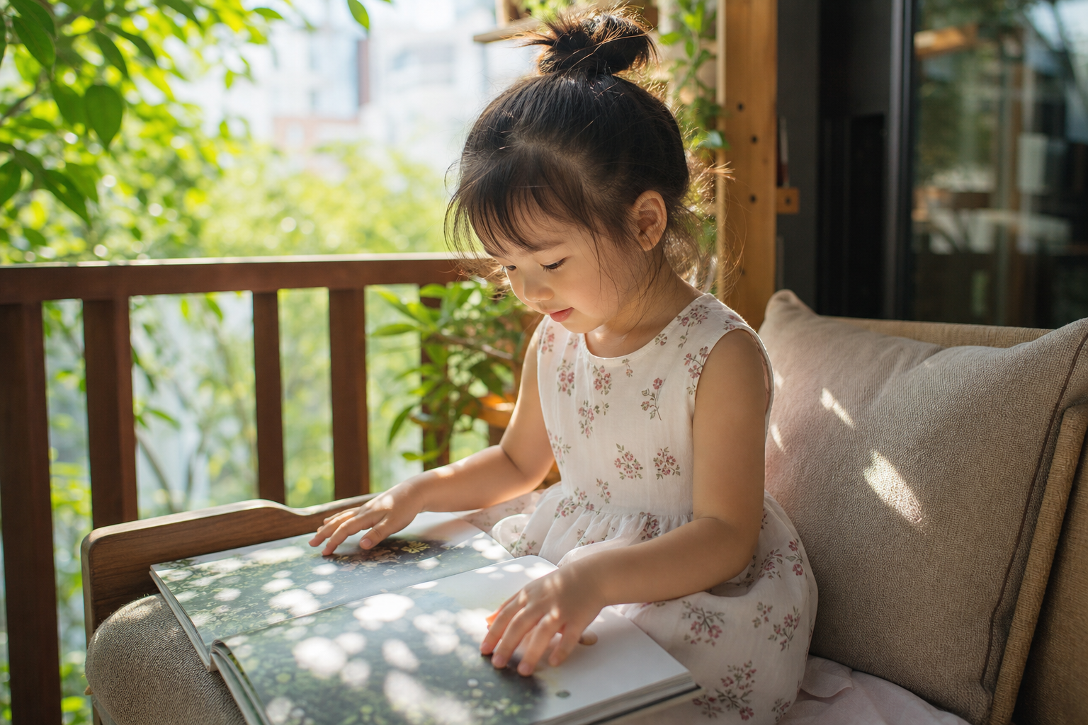 A cute 4-year-old Chinese girl sitting on a sunlit