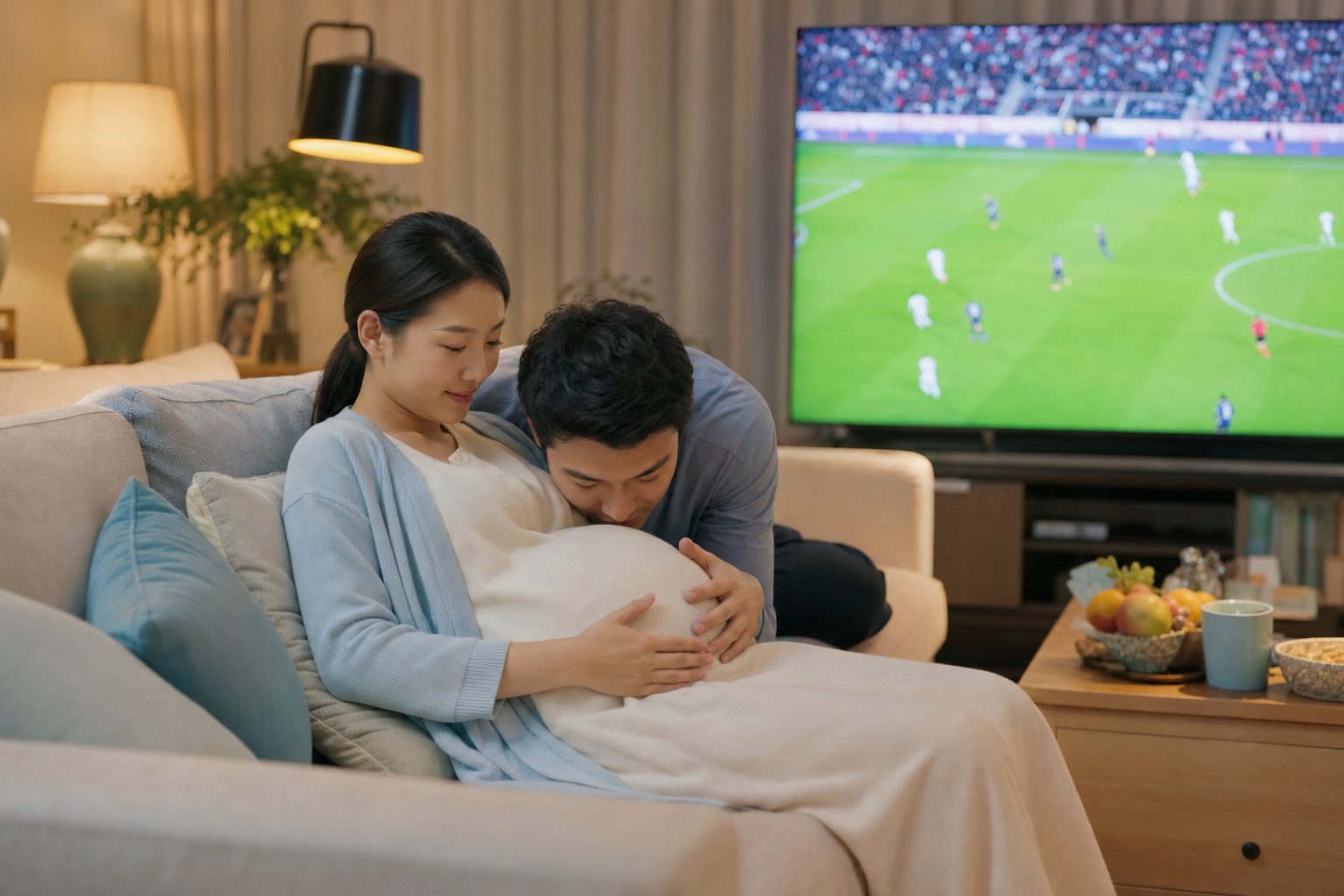 A warm and cozy living room, a young Chinese pregn