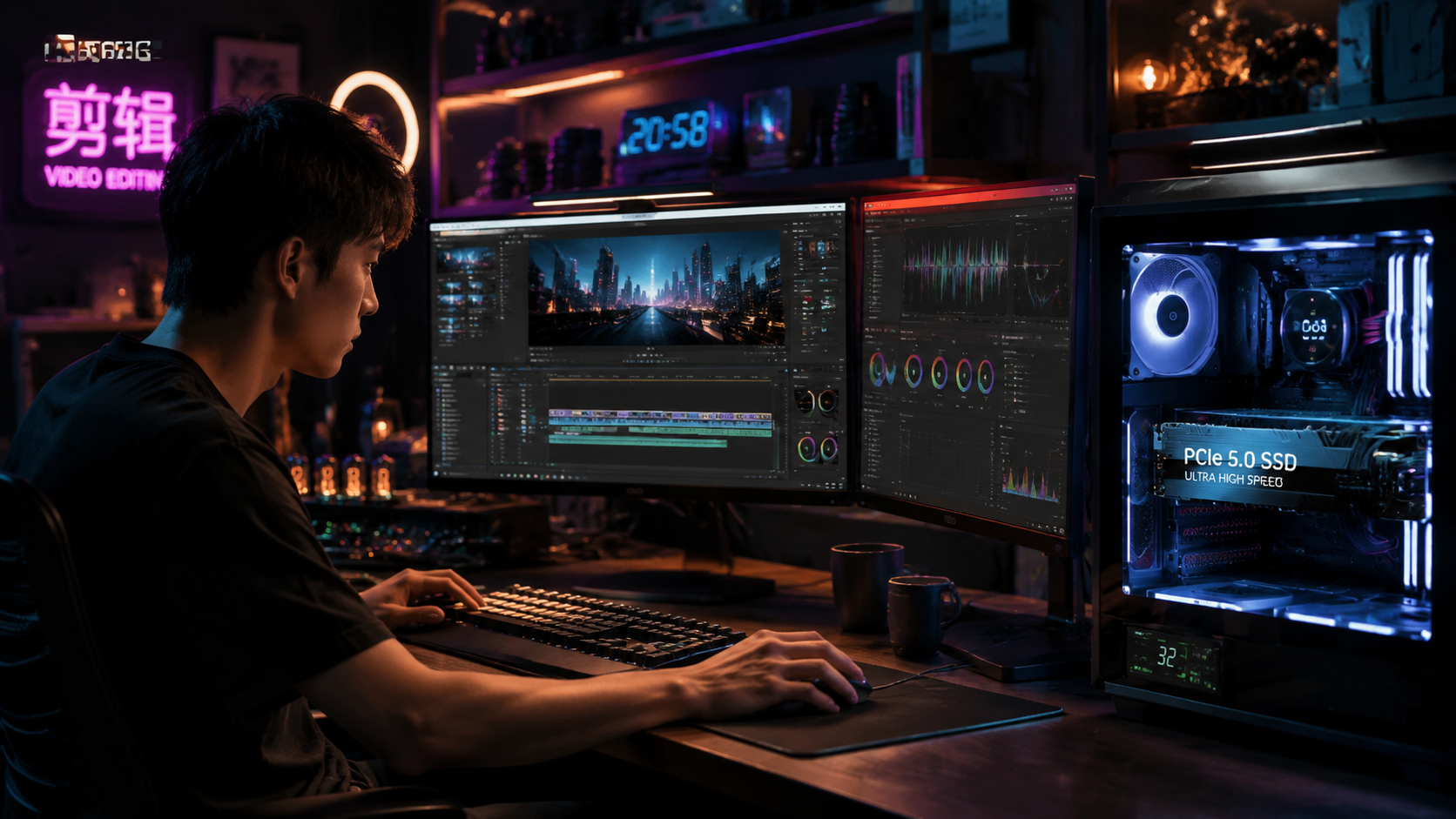 A cinematic shot of a young Chinese video editor w