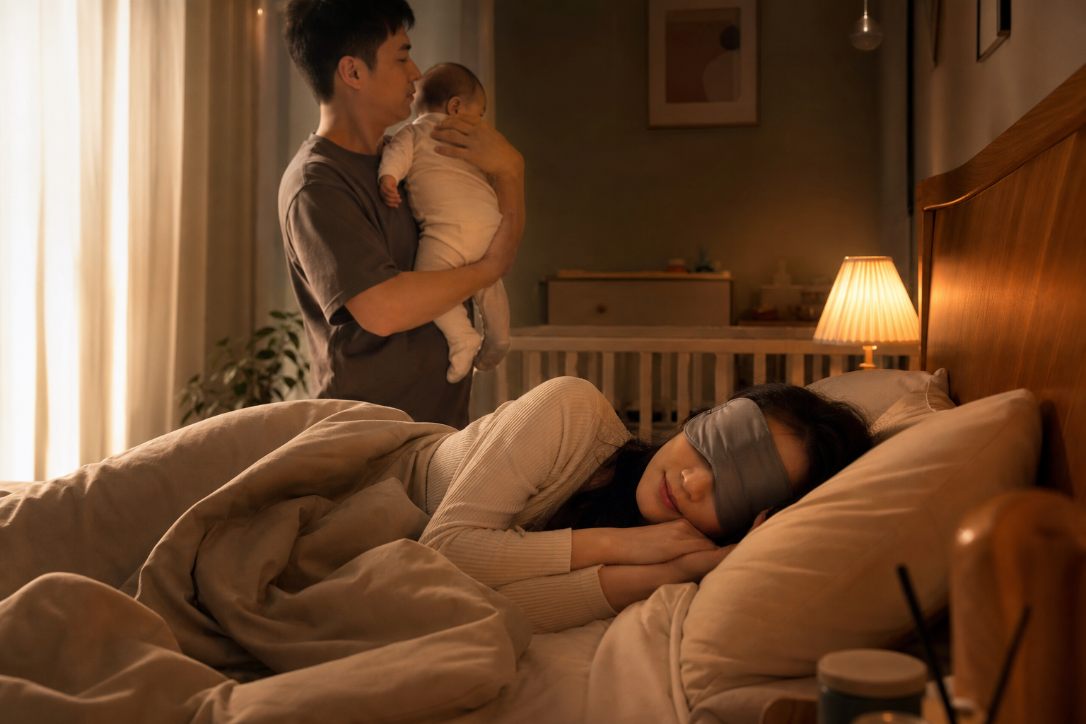 A warm and cozy bedroom scene, a young Chinese mot