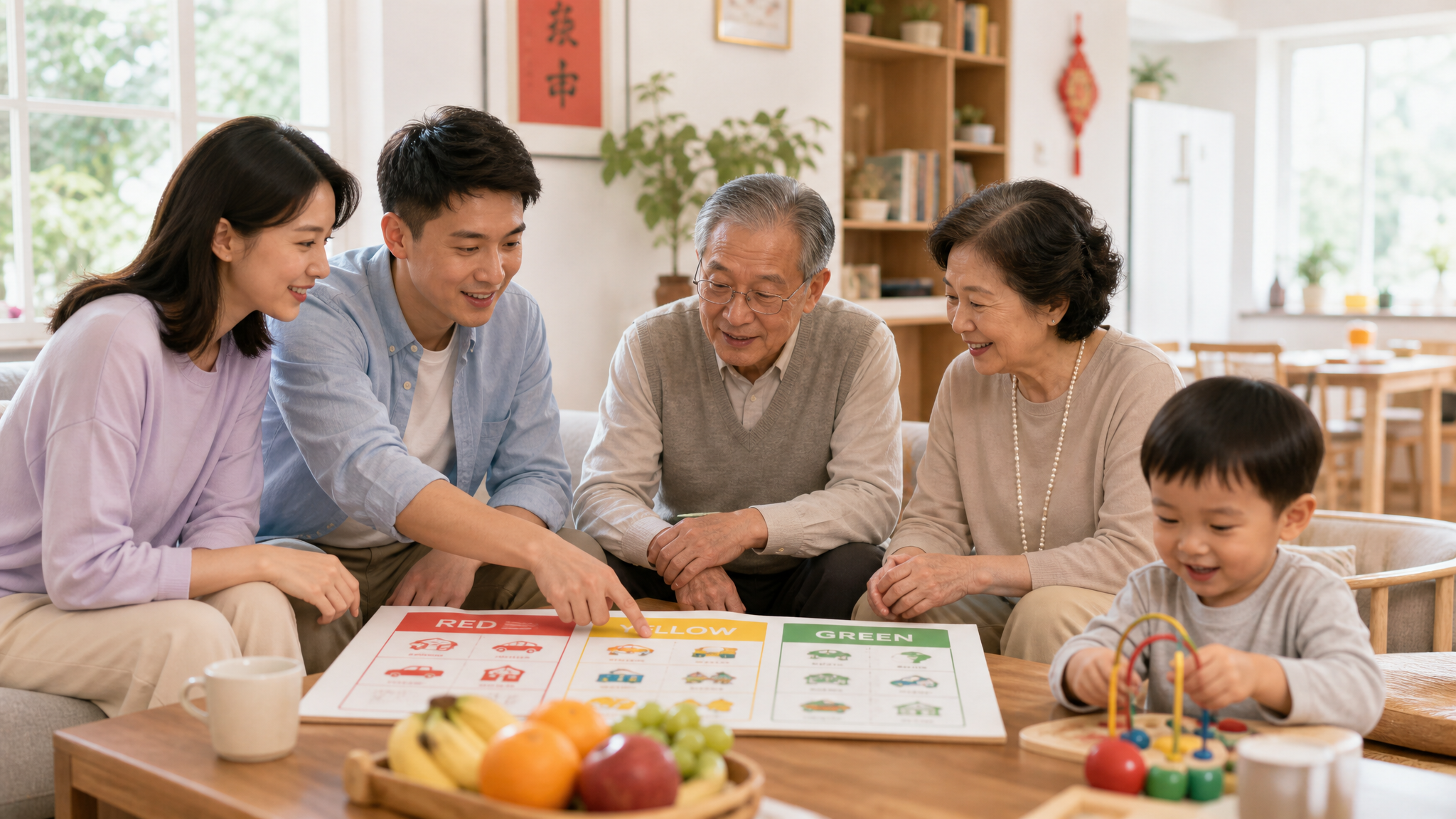 A warm and bright living room, a young Chinese cou
