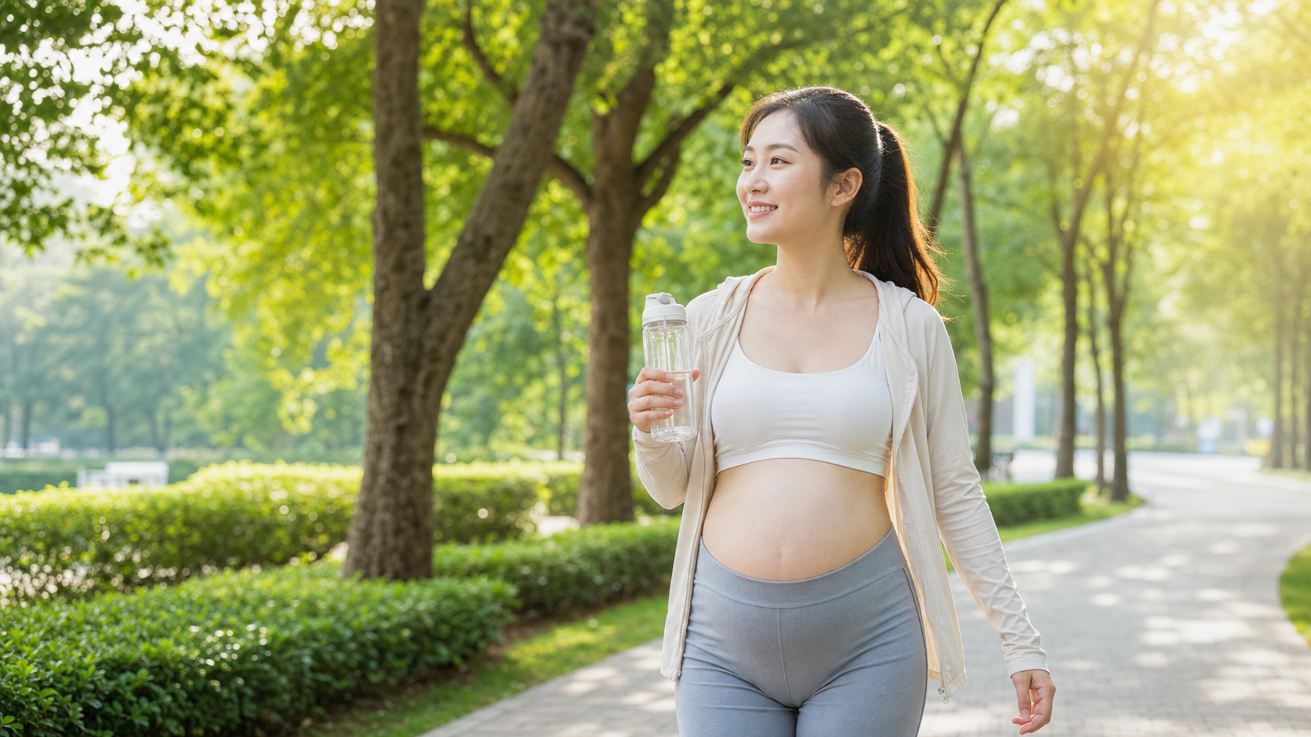 A beautiful Chinese pregnant woman walking leisure