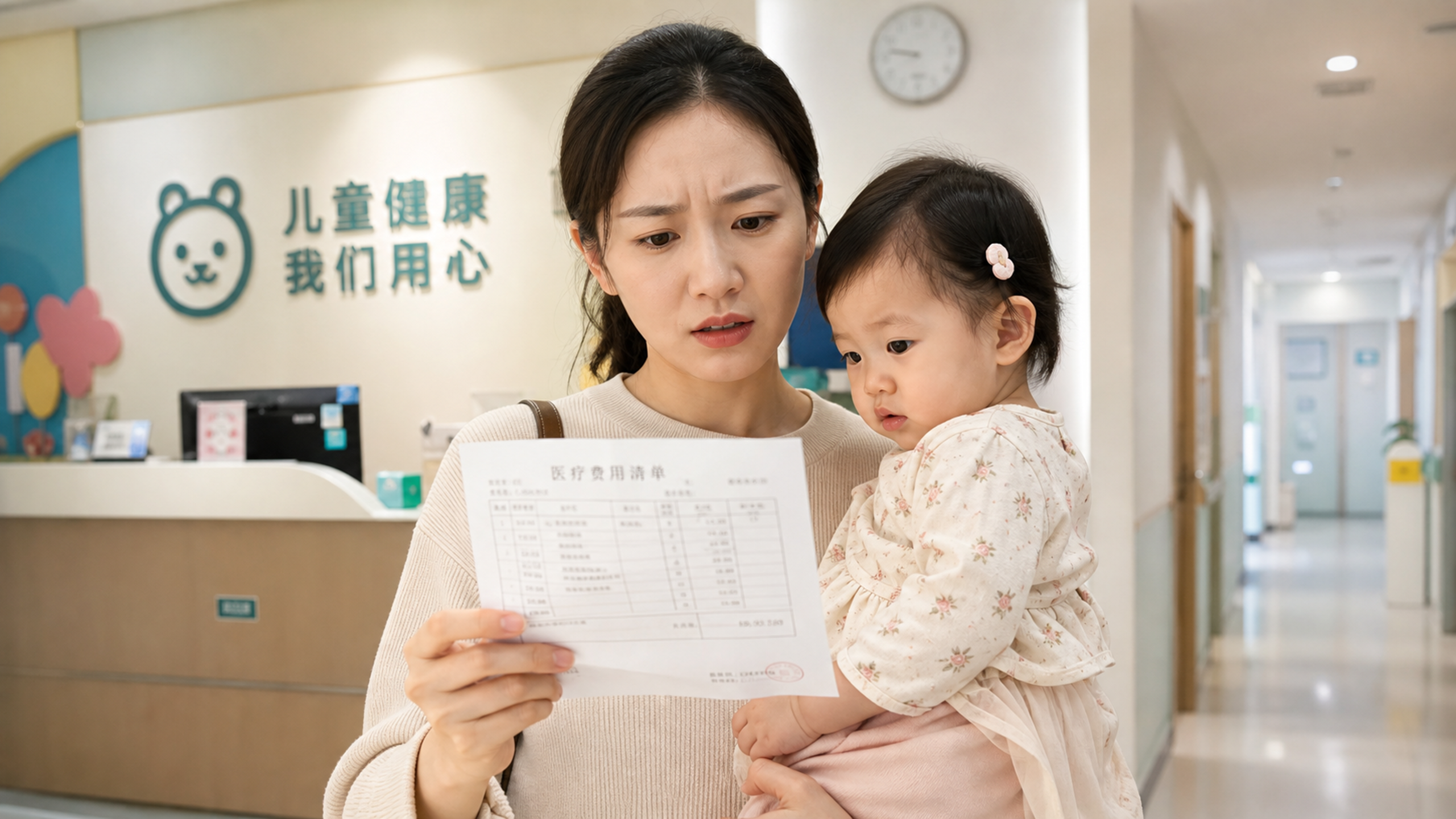 A Chinese young mother looking at a medical bill w