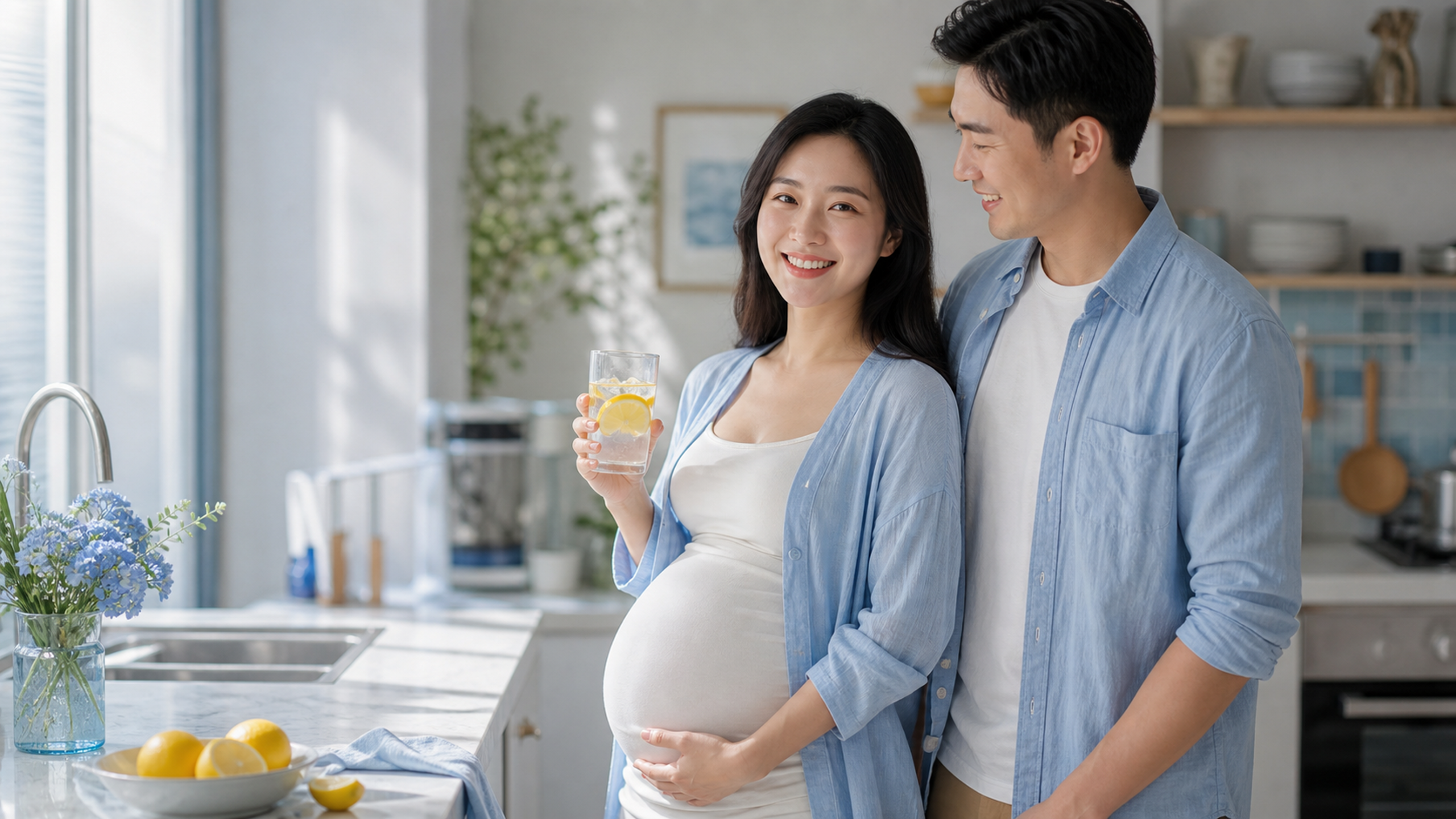 A smiling beautiful Chinese pregnant woman holding