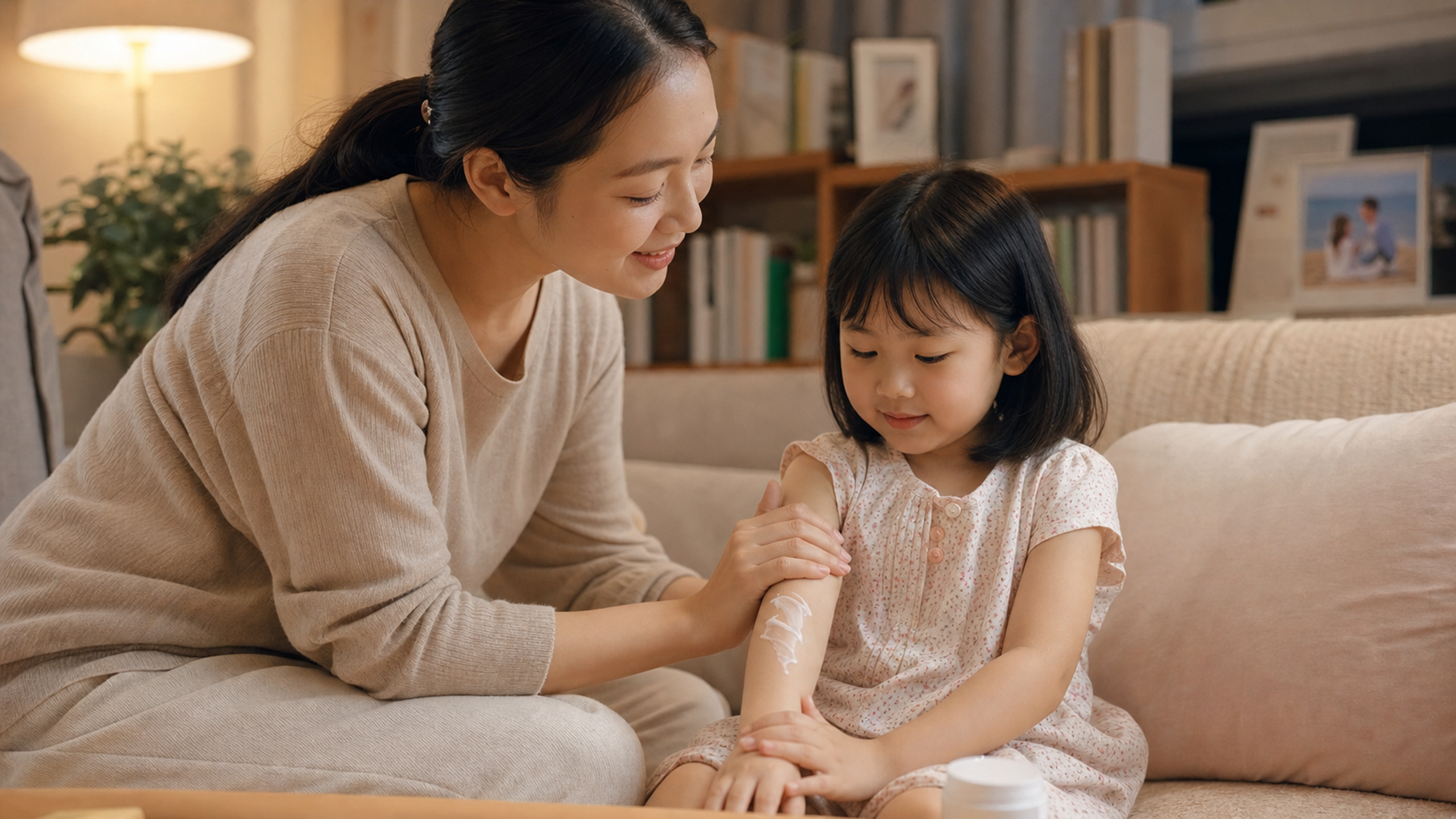 A Chinese mother gently applying cream on a 4-year