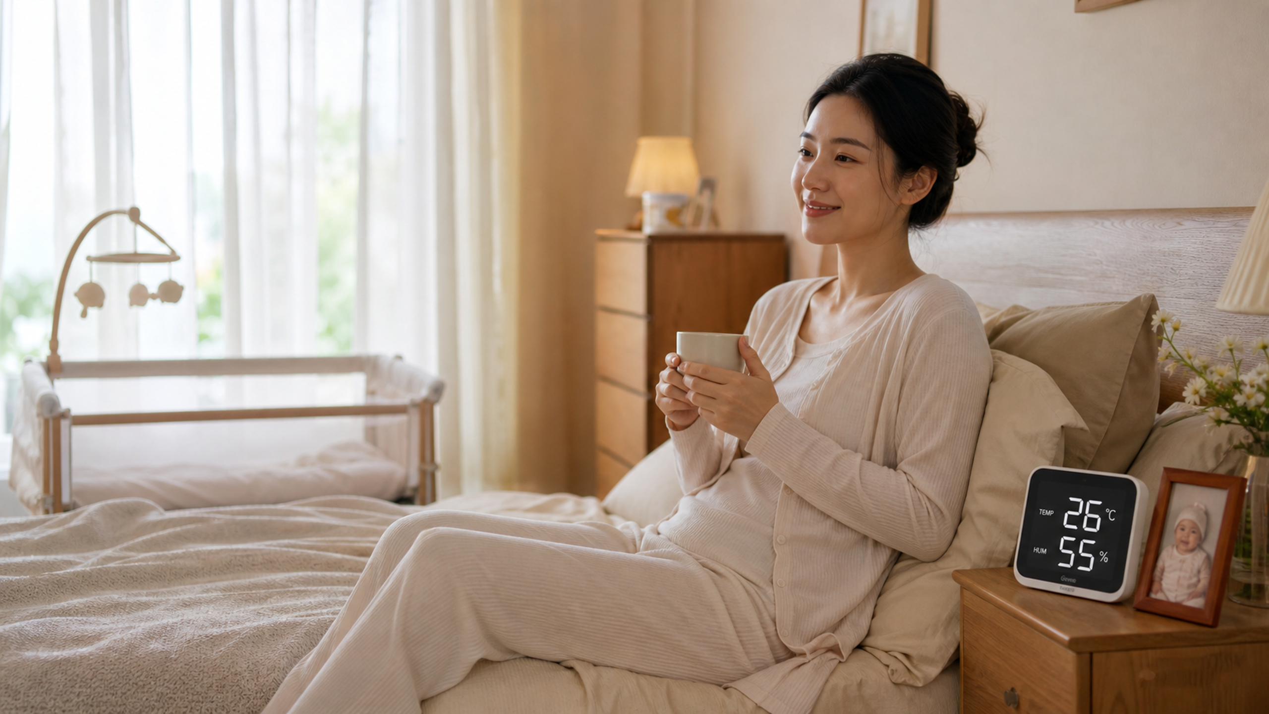 A warm and cozy postpartum bedroom, a young Chines
