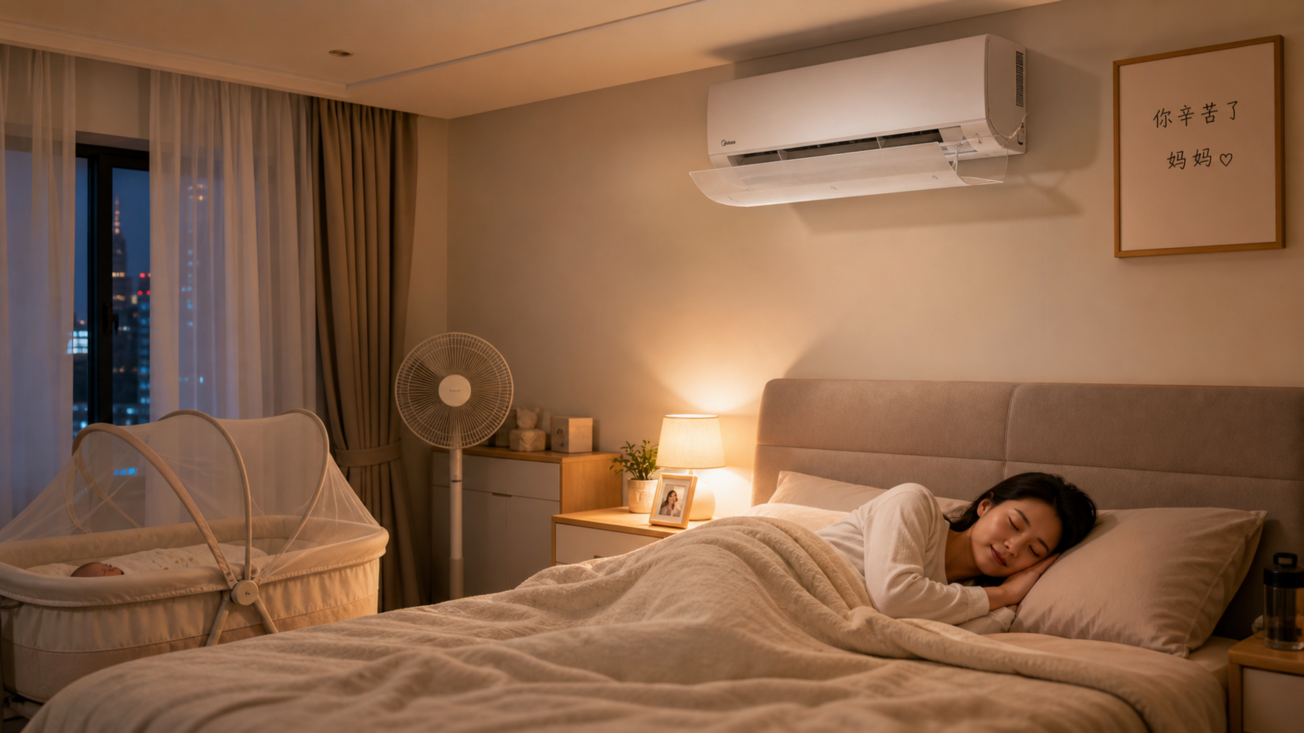 A cozy post-partum bedroom in China, soft warm lig