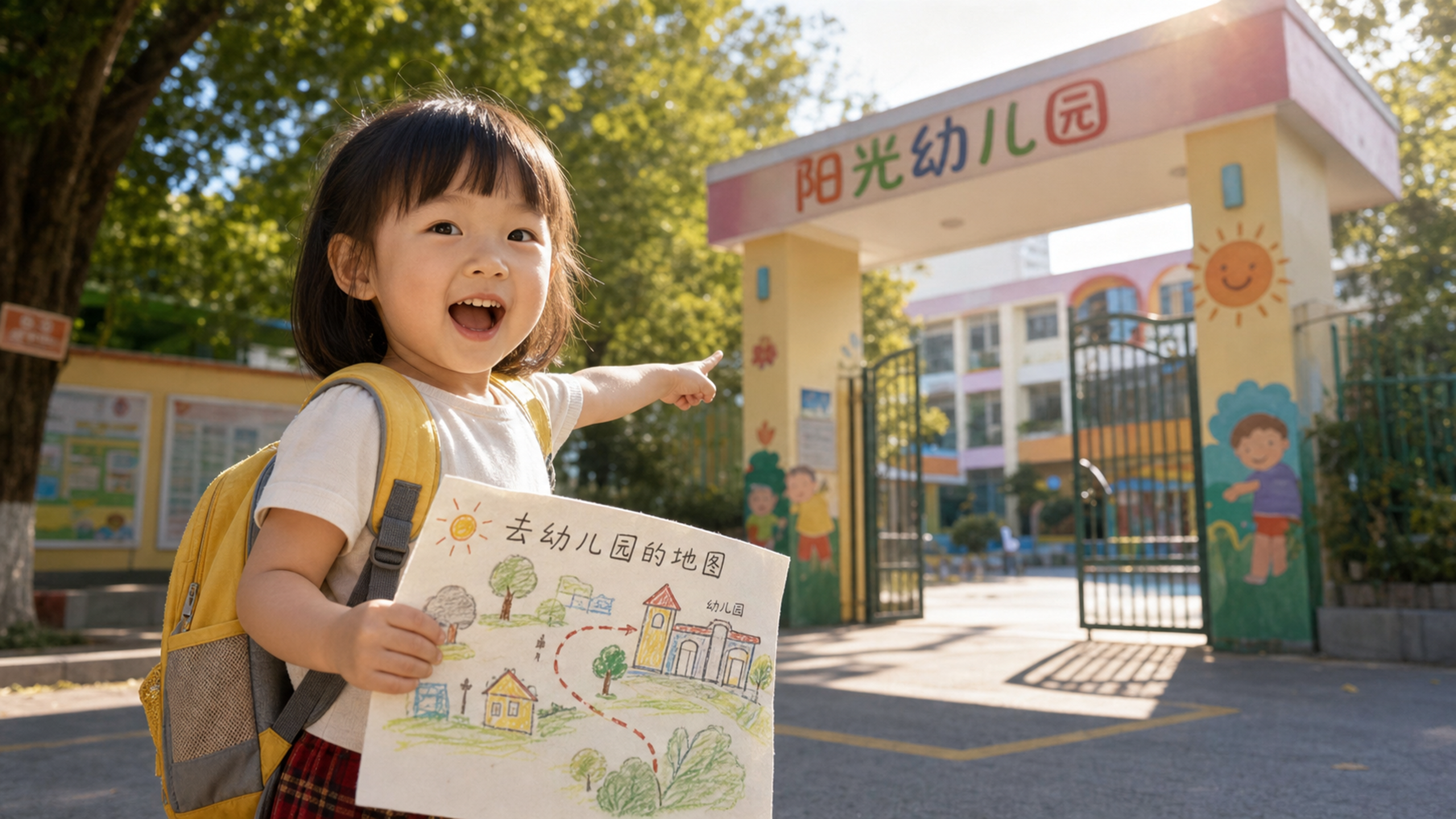 A cute Chinese toddler holding a hand-drawn map, p