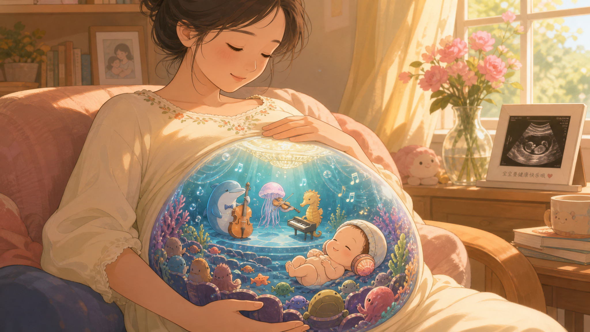 A warm and cozy illustration of a Chinese pregnant