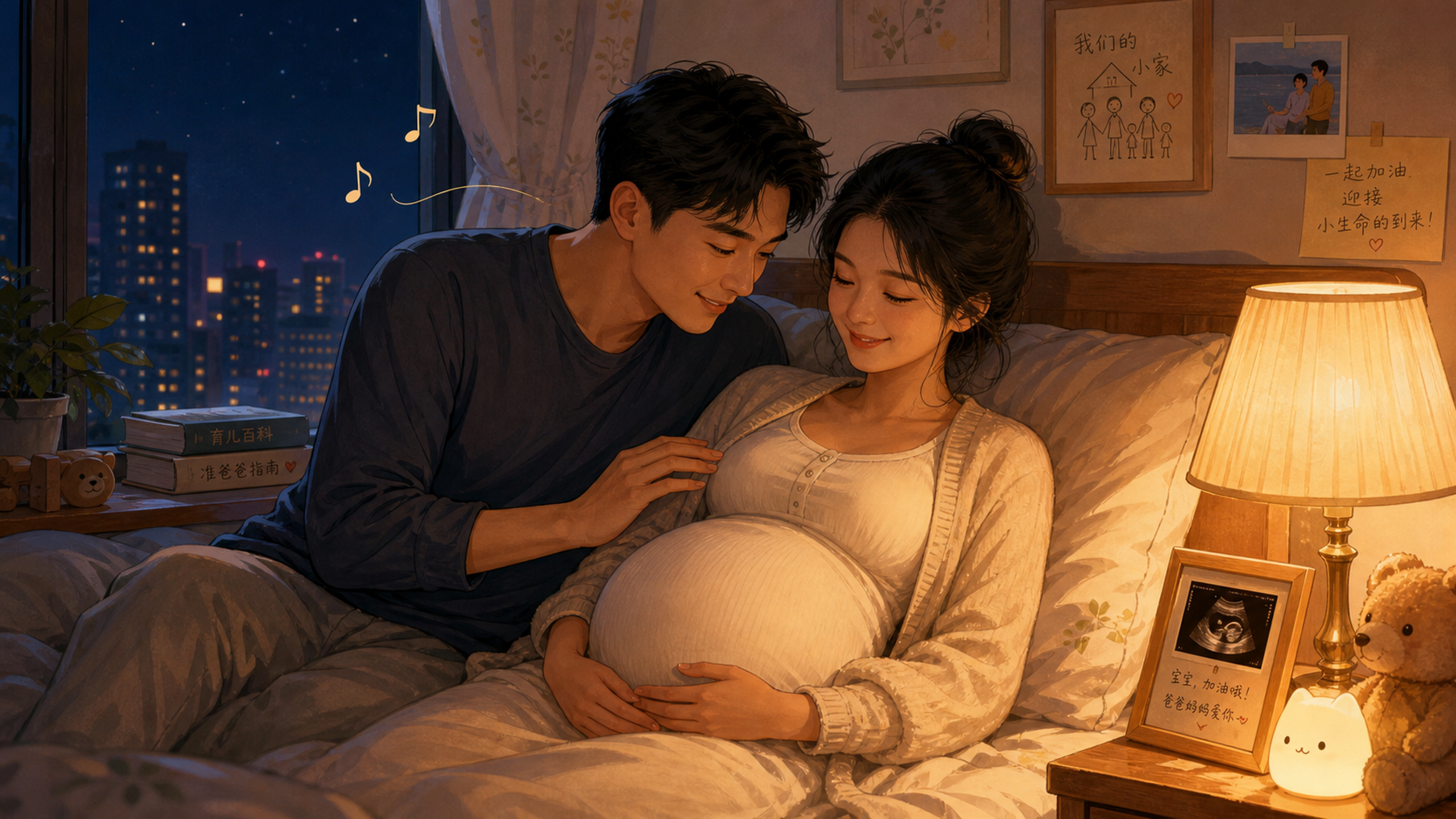 A warm and loving scene in a cozy bedroom at night