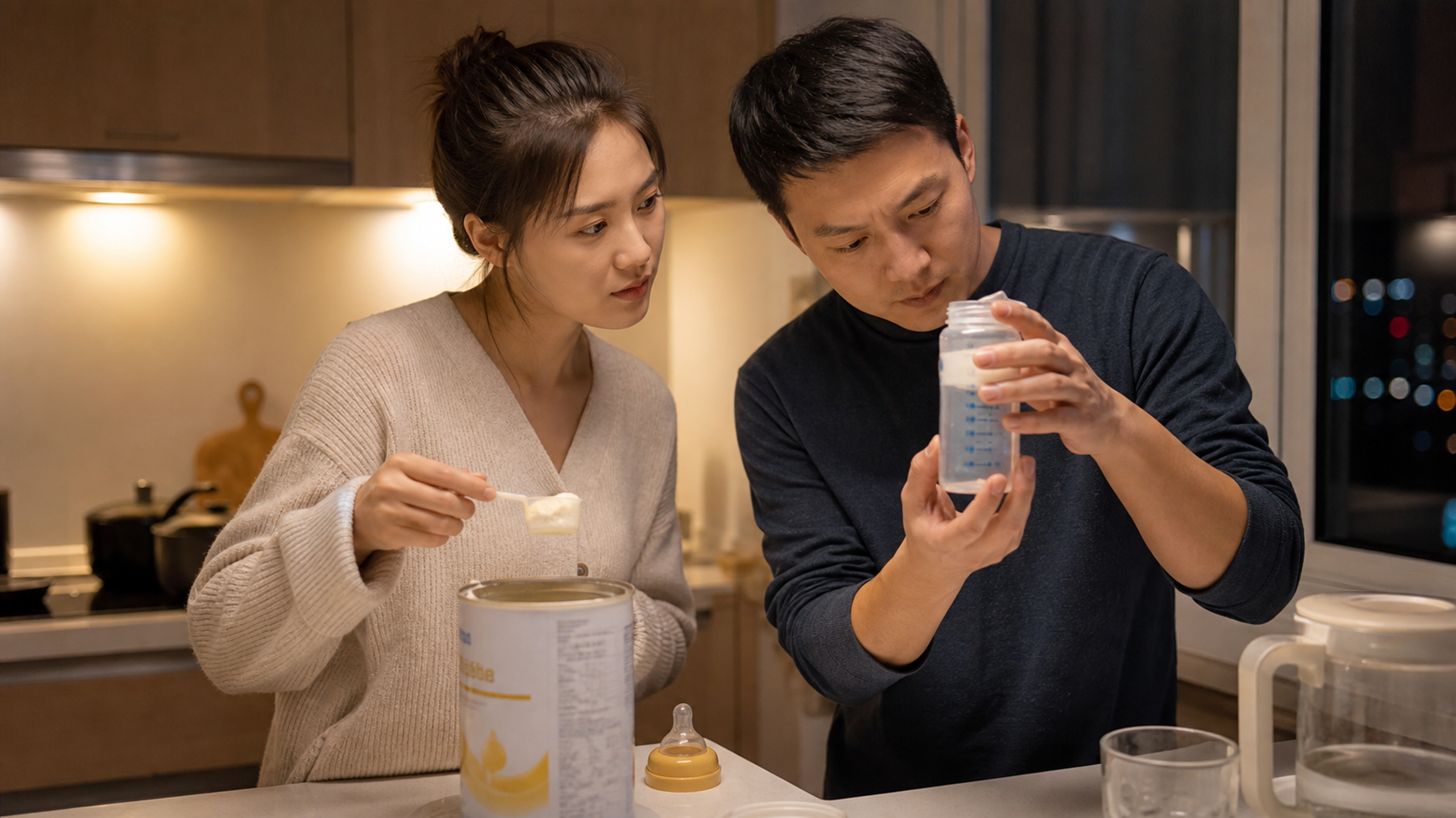 A warm and slightly dim night kitchen scene, a you