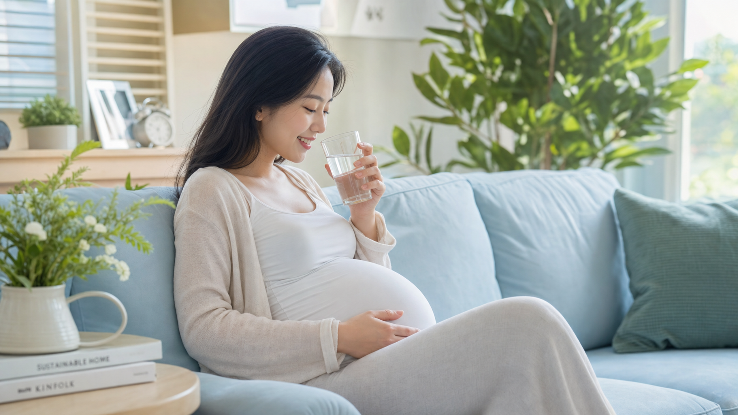 A warm and cozy indoor scene, a young Chinese preg
