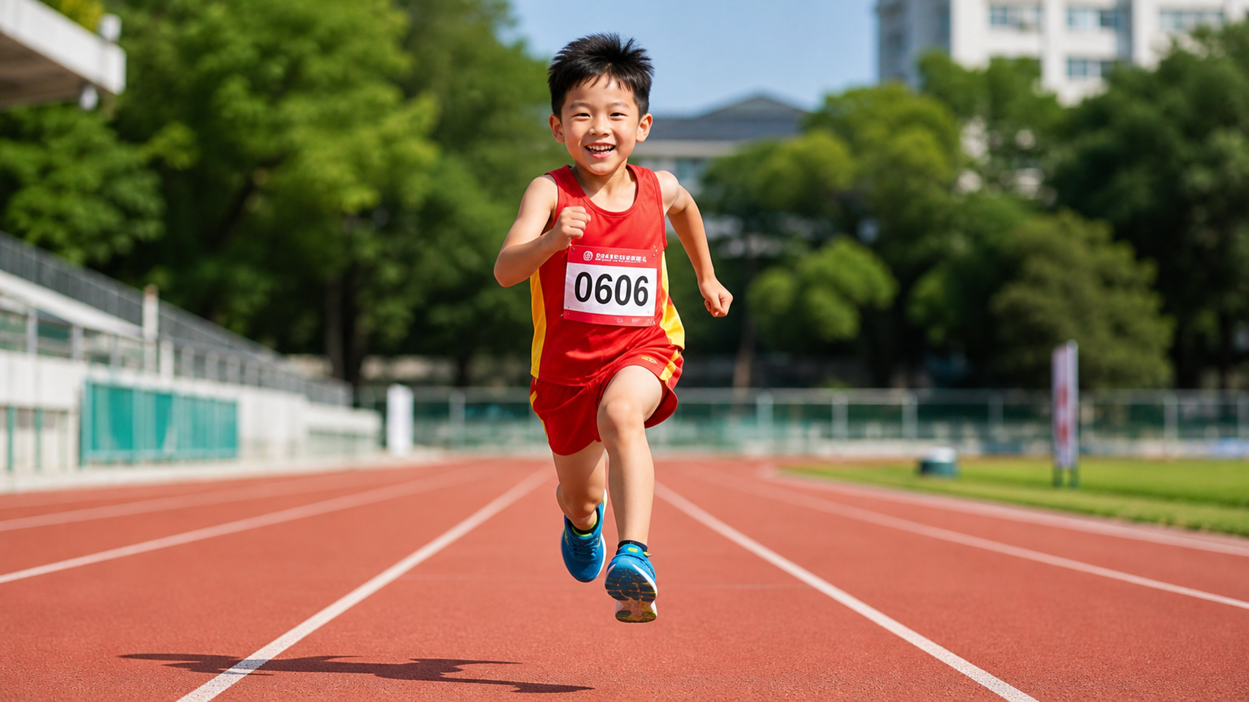 A high-quality action shot of a cute Chinese kid r