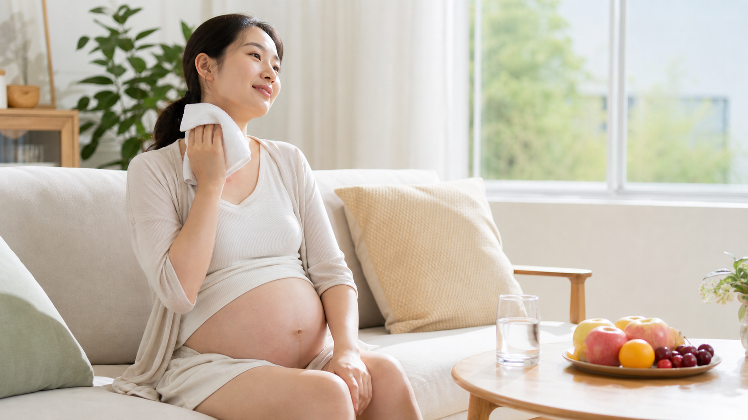 A young Chinese pregnant woman sitting comfortably