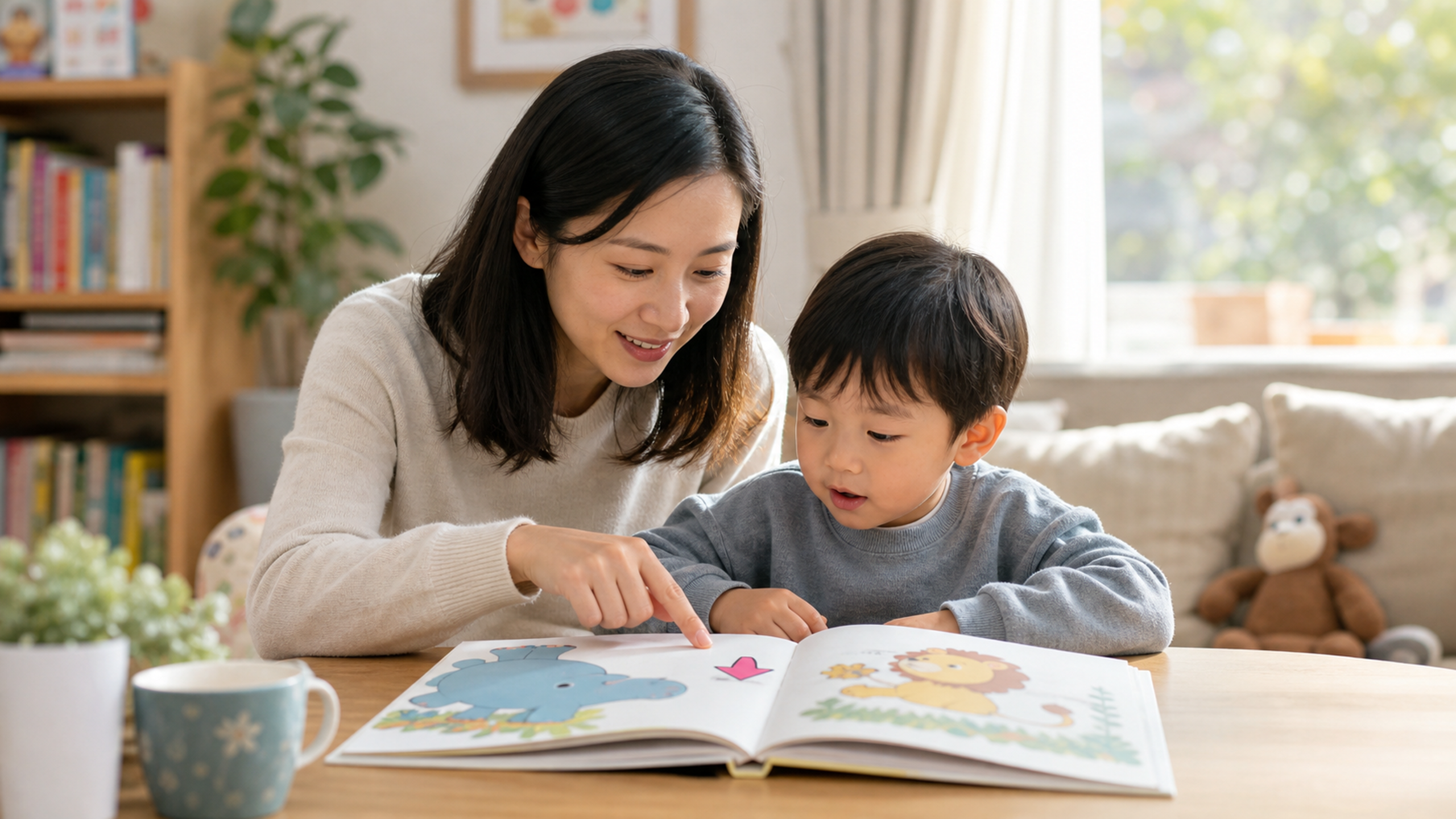 A Chinese mother and her 4-year-old child reading
