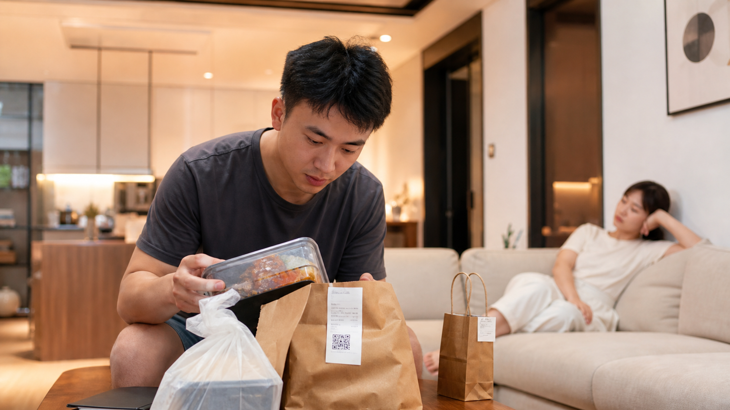 A young Chinese husband checking food delivery pac