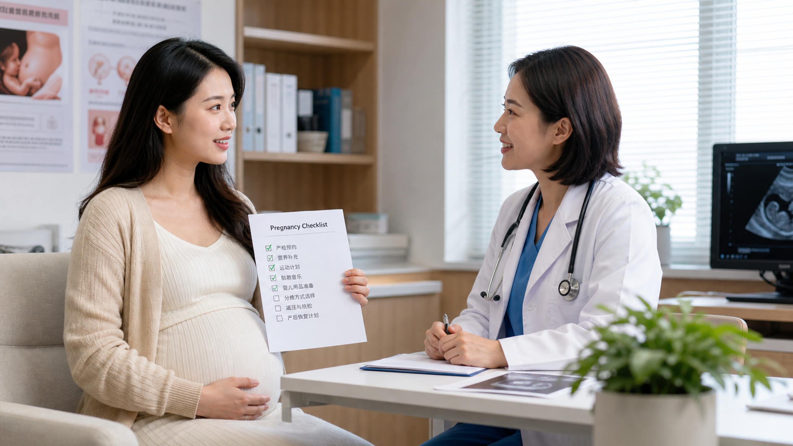 A young Chinese pregnant woman sitting in a bright