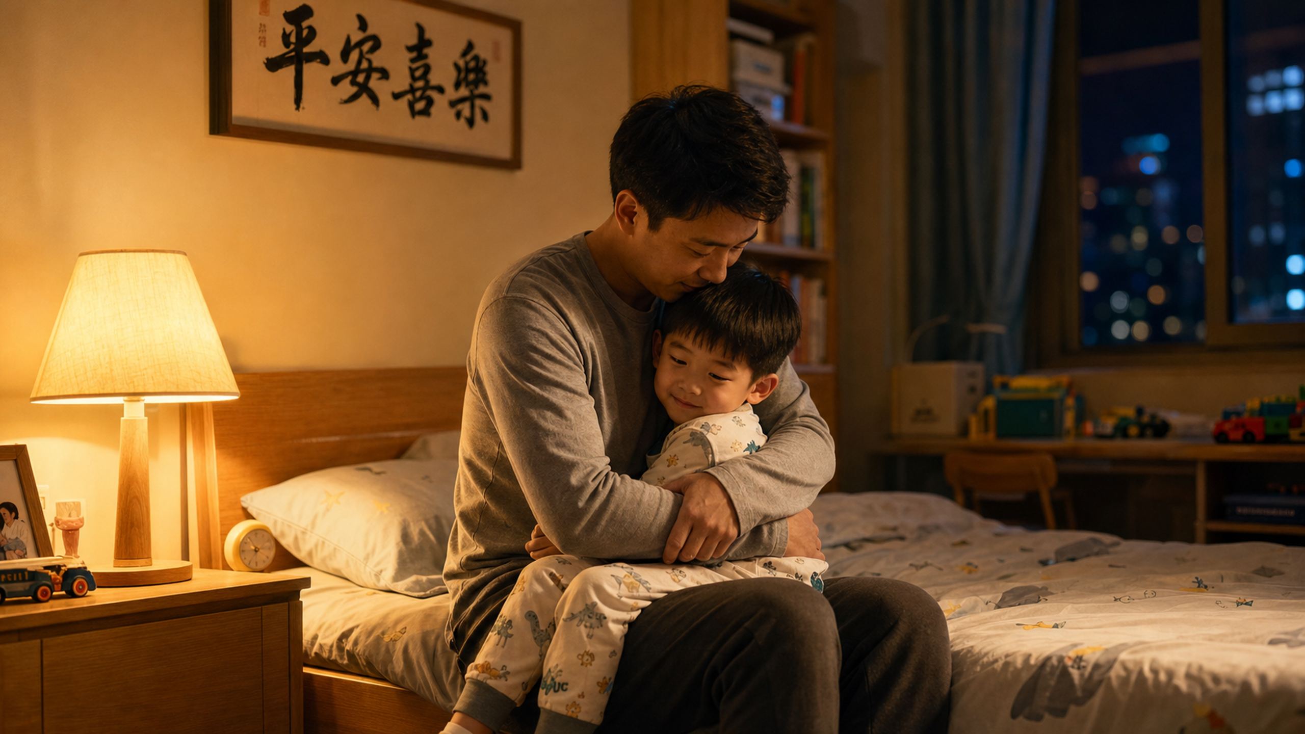 A warm and cozy night scene in a modern Chinese be