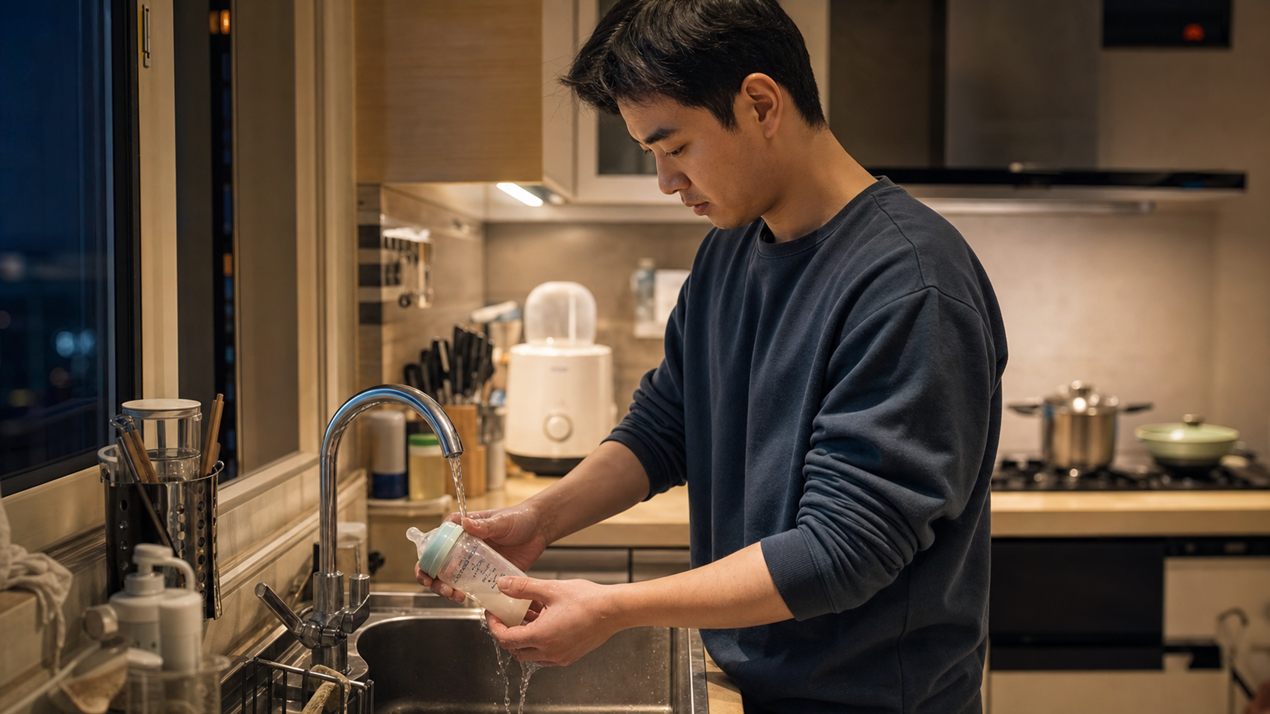 A realistic photography of a young Chinese dad in