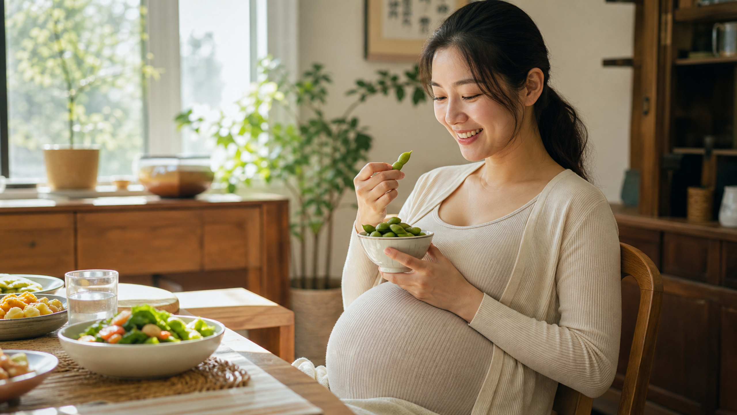 A beautiful Chinese pregnant woman sitting at a br