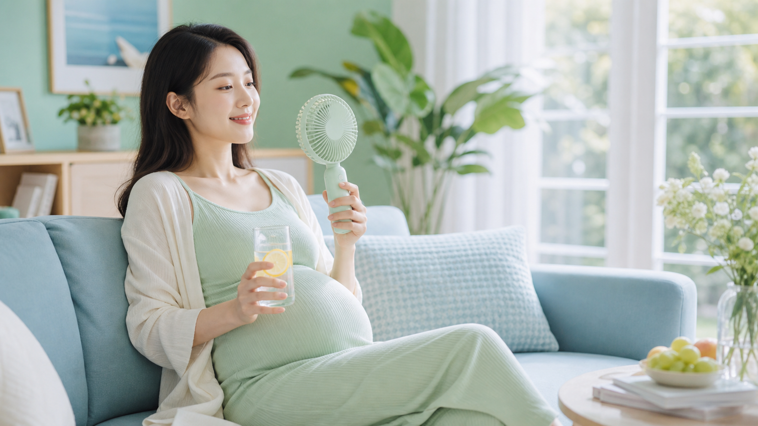 A young Chinese pregnant woman sitting in a bright