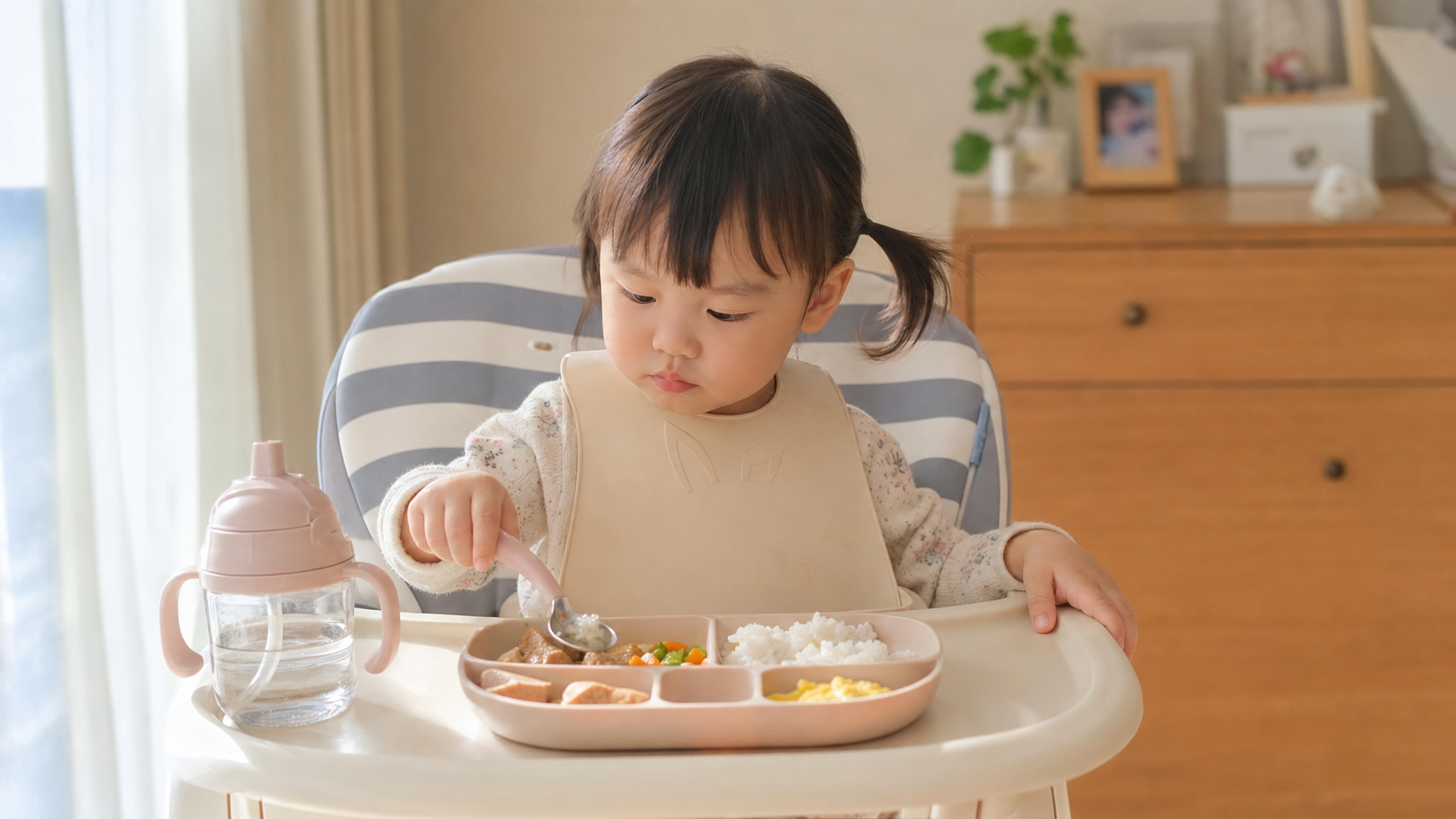 A cute 2-year-old Chinese toddler sitting in a hig
