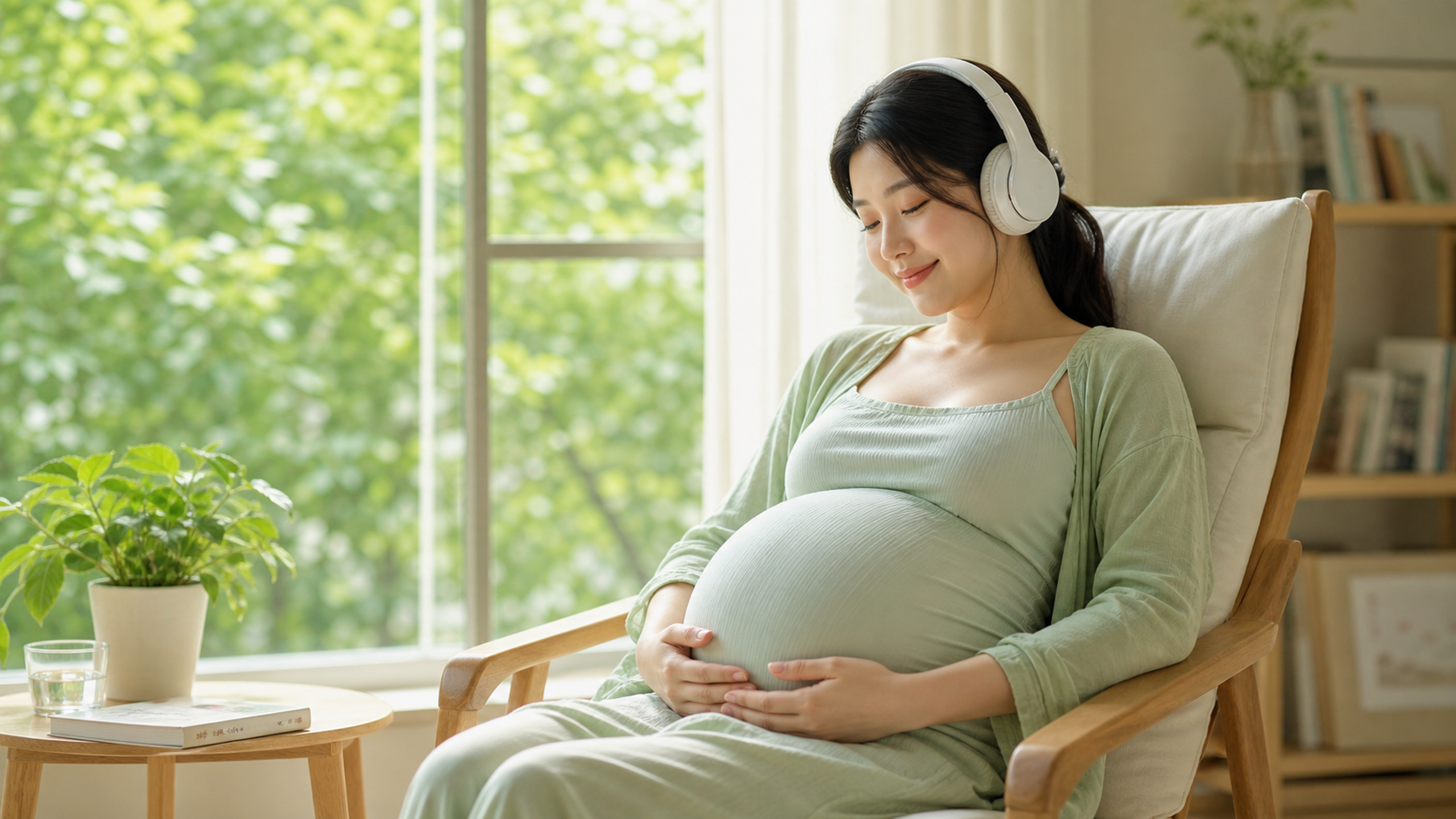 A beautiful Chinese pregnant woman relaxing in a b