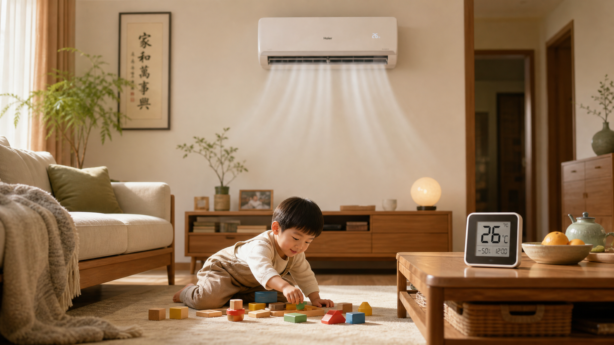 A warm and cozy modern Chinese living room, a cute