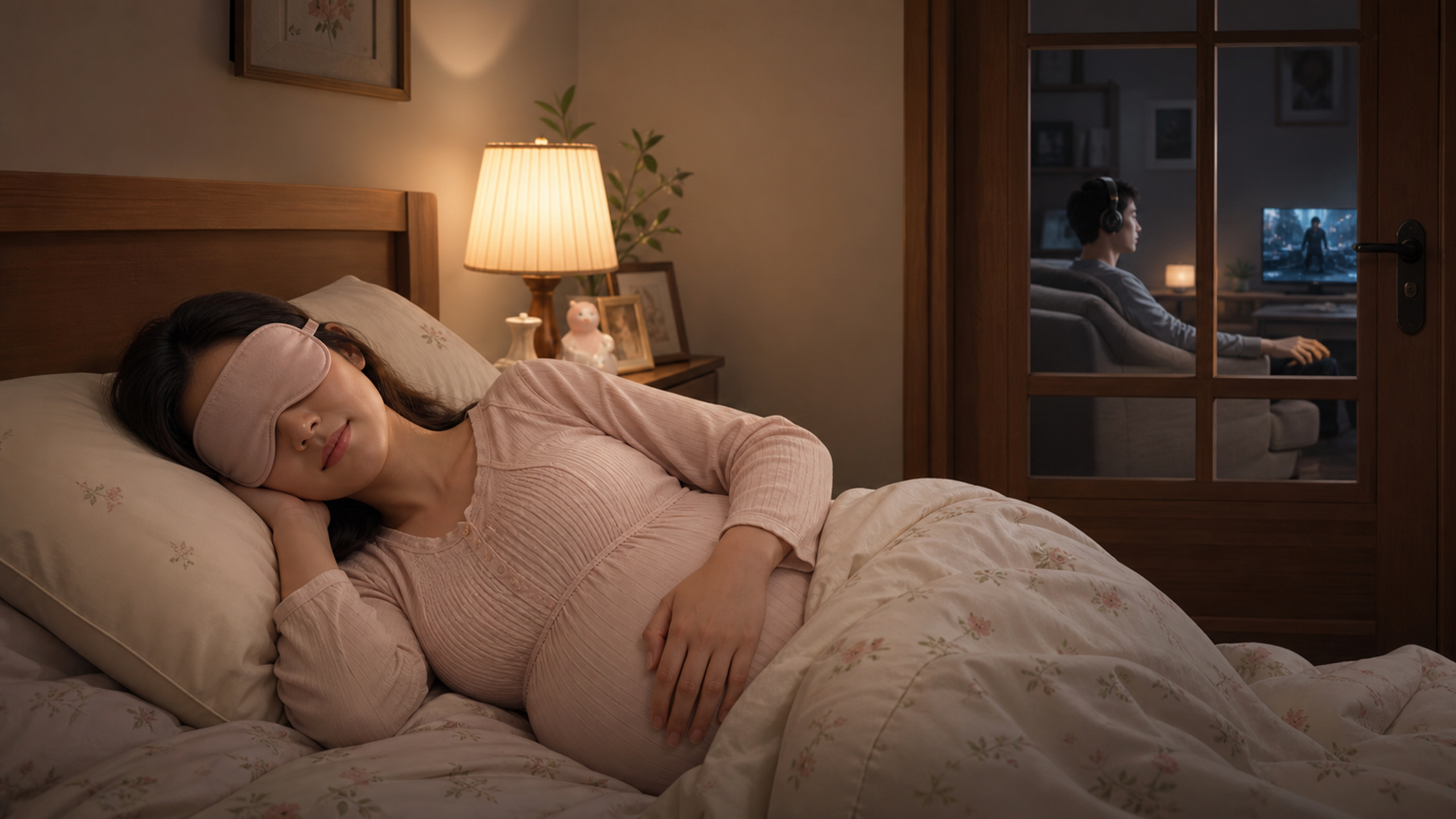 A cozy bedroom at night, a beautiful Chinese pregn