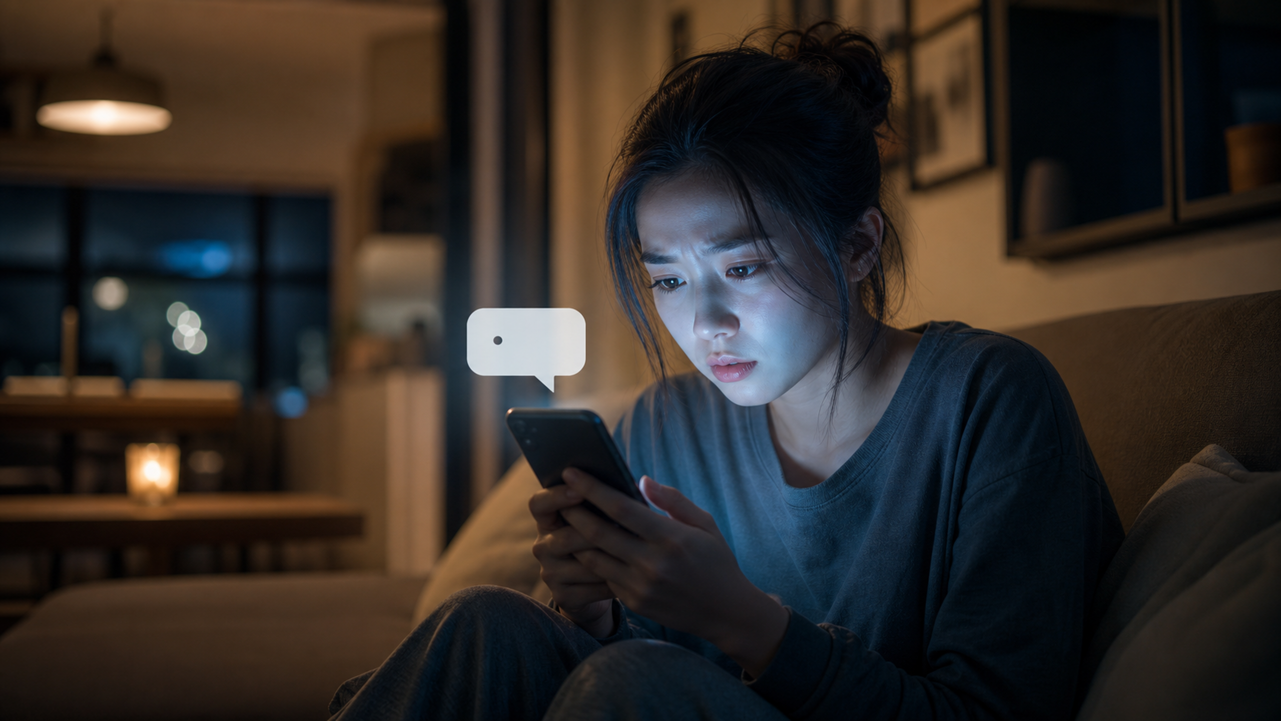 A young Chinese woman sitting on a sofa at night,