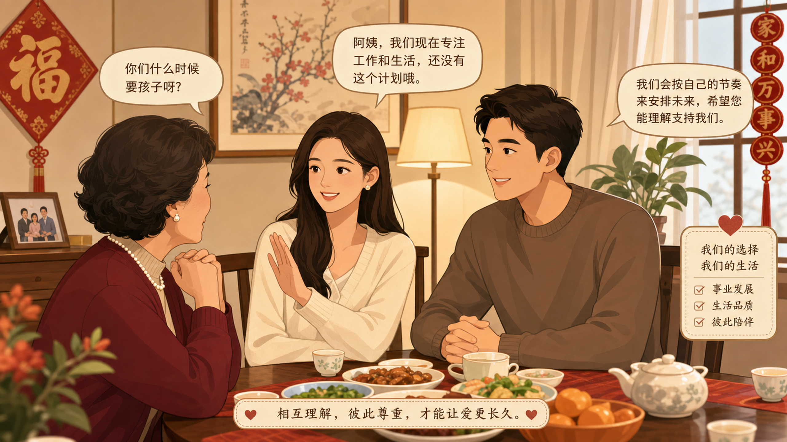 A warm and bright illustration of a modern Chinese
