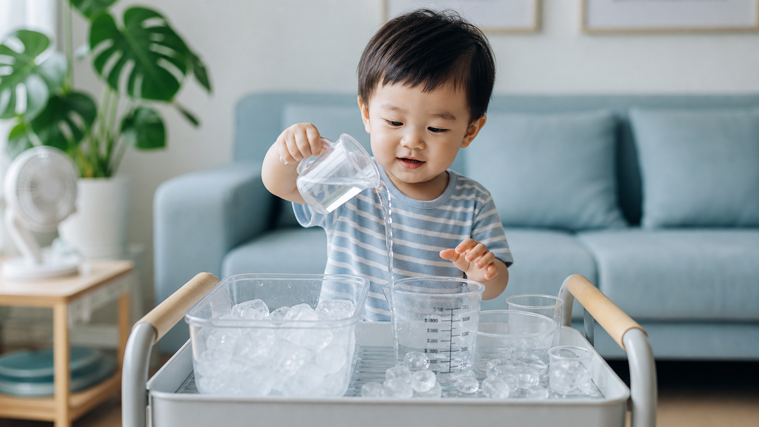 A cute Chinese toddler playing with ice cubes, wat