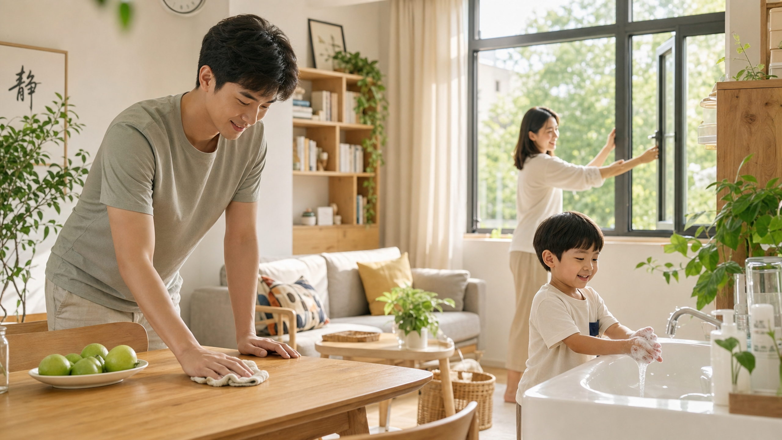 A warm and bright living room in summer, a young C