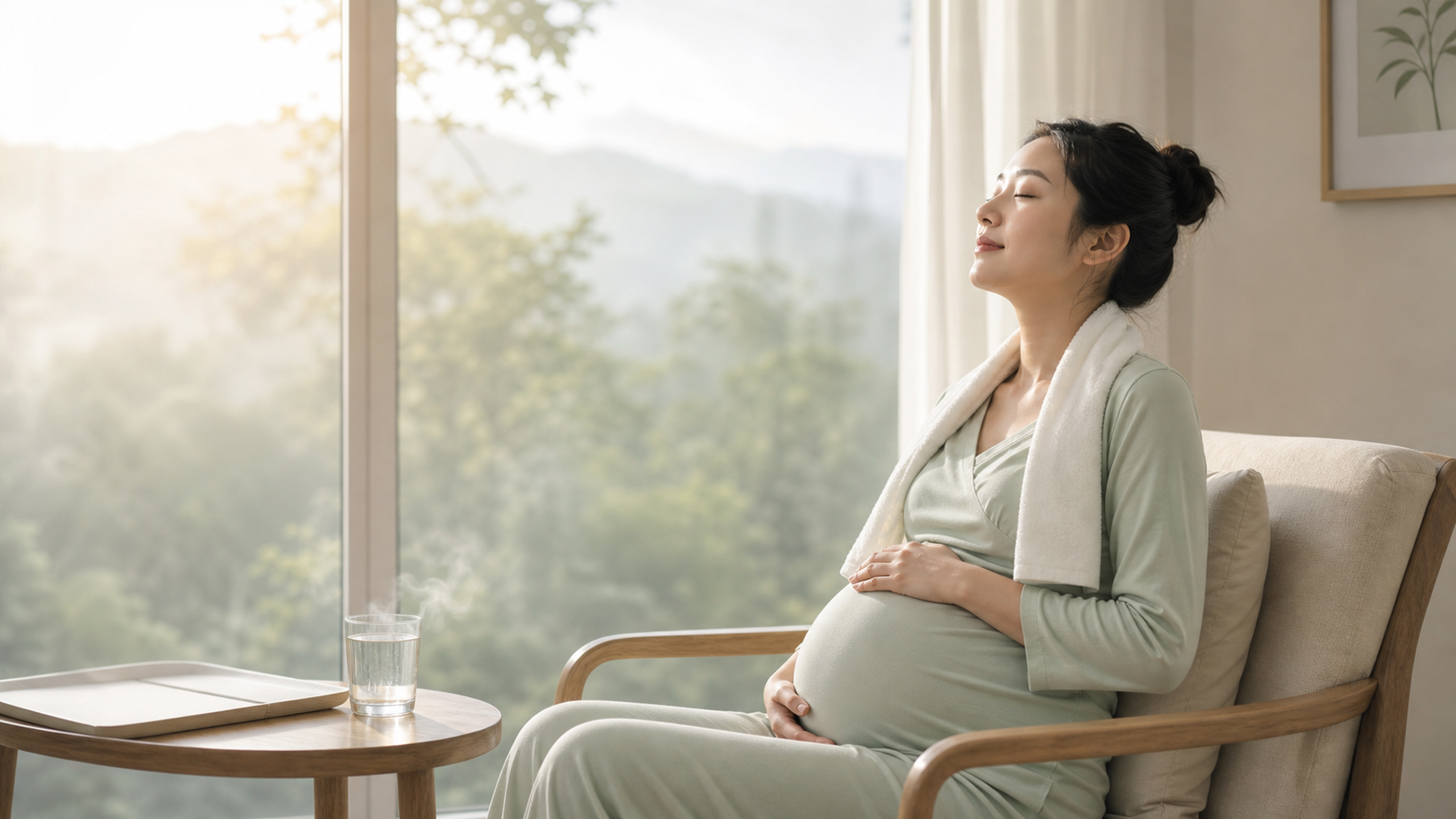 A beautiful Chinese pregnant woman sitting by a br