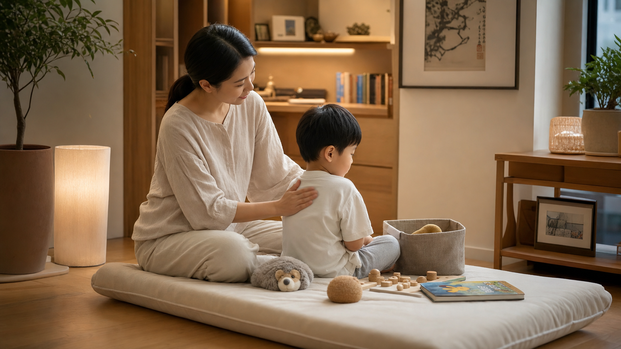 A cozy and warm calming corner in a modern Chinese