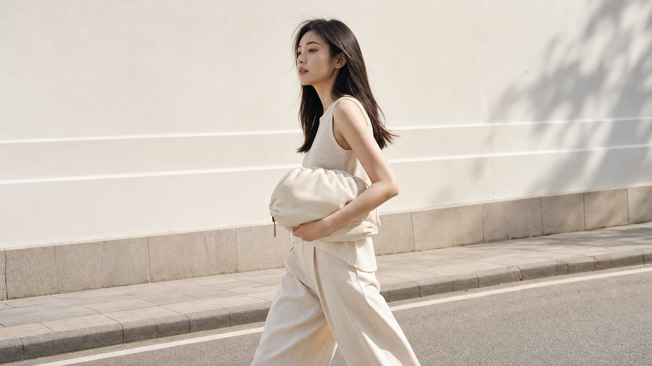 A stylish Chinese woman walking on a sunny summer