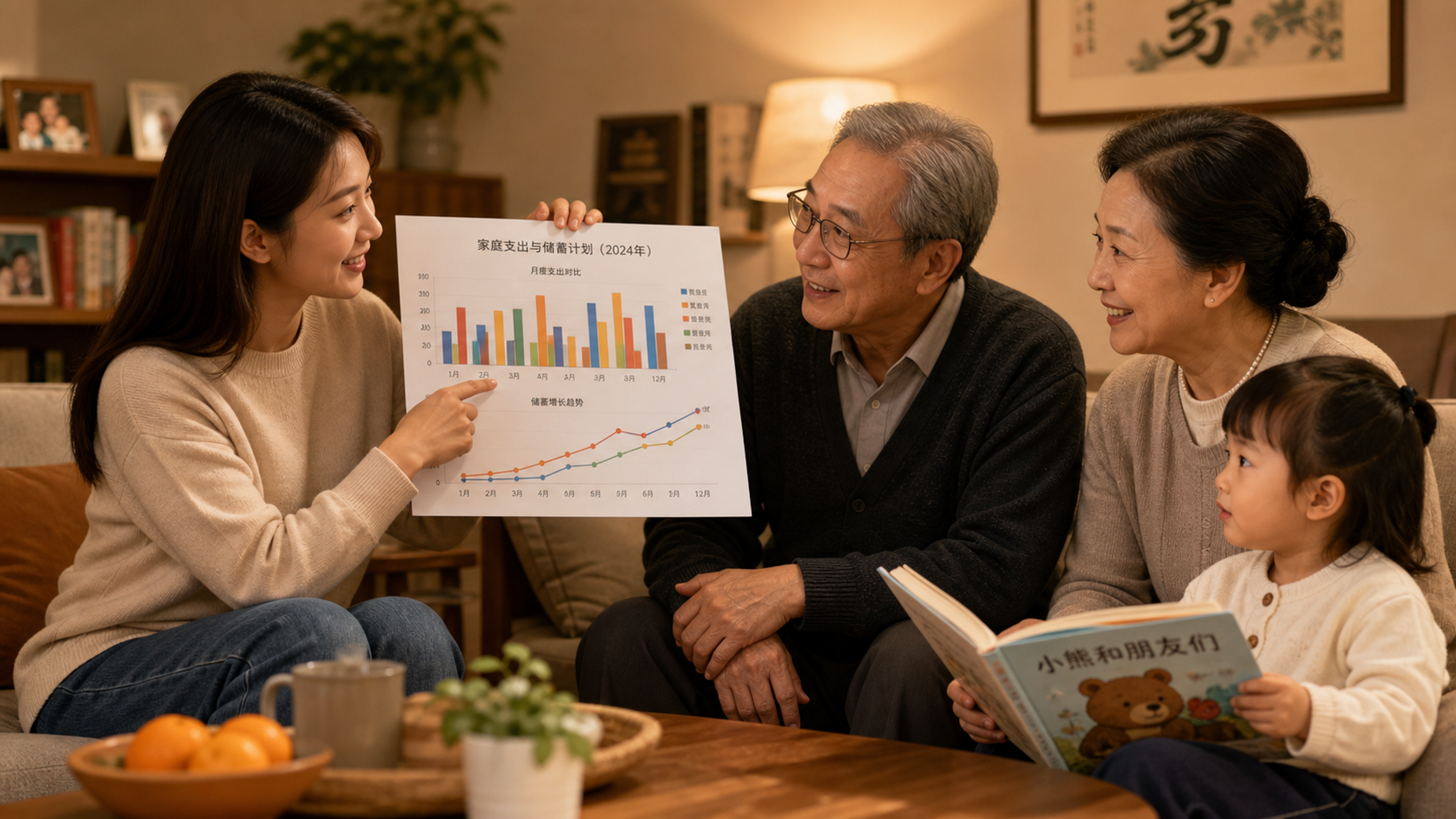 A warm and cozy living room, a young Chinese mothe