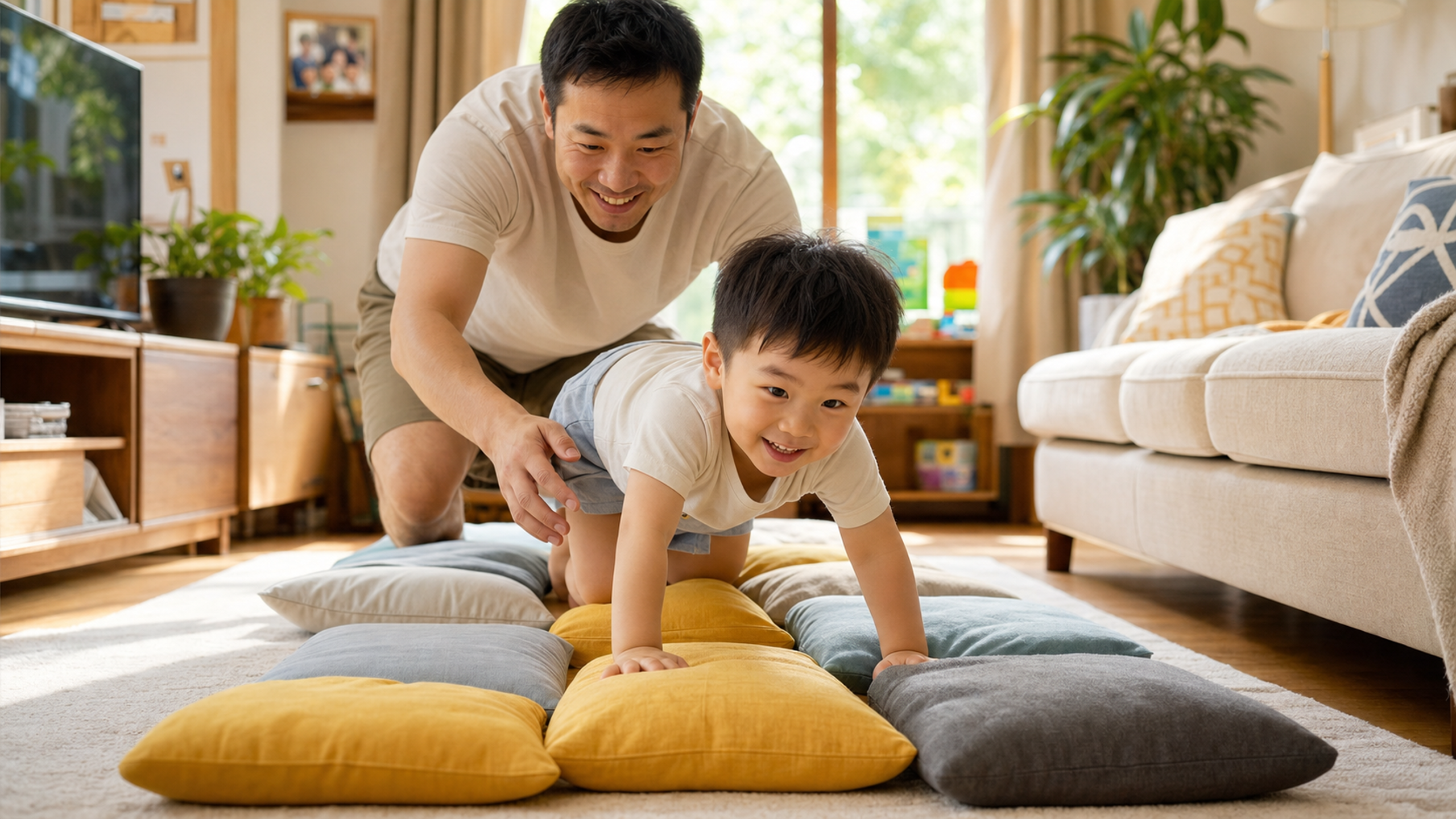A warm indoor scene of a Chinese family. A Chinese