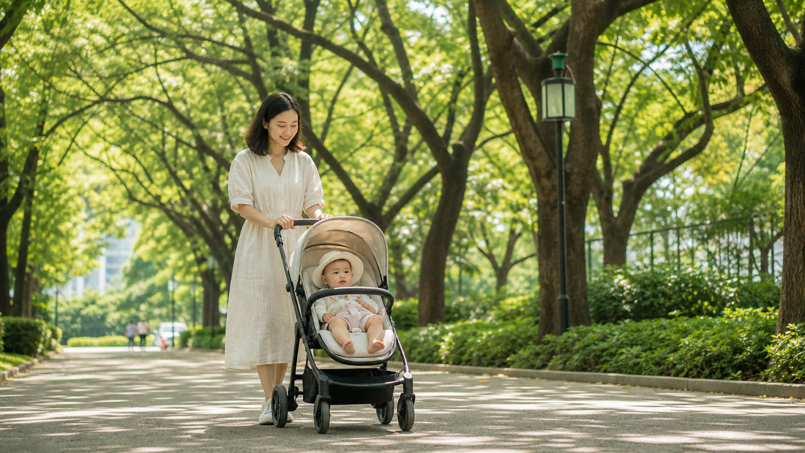 A gentle Chinese mother pushing a baby stroller in
