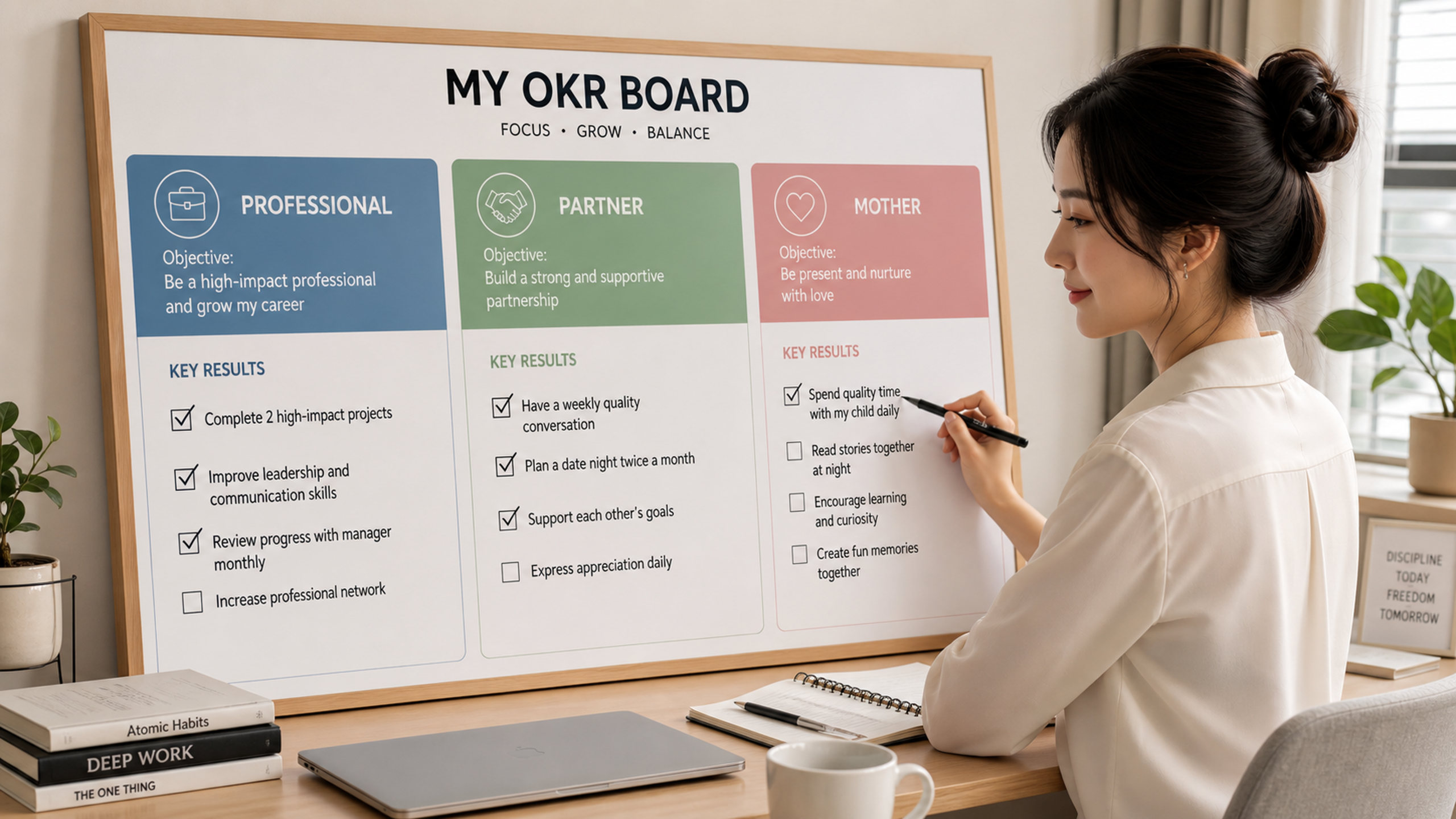 A minimalist and professional OKR board on a clean