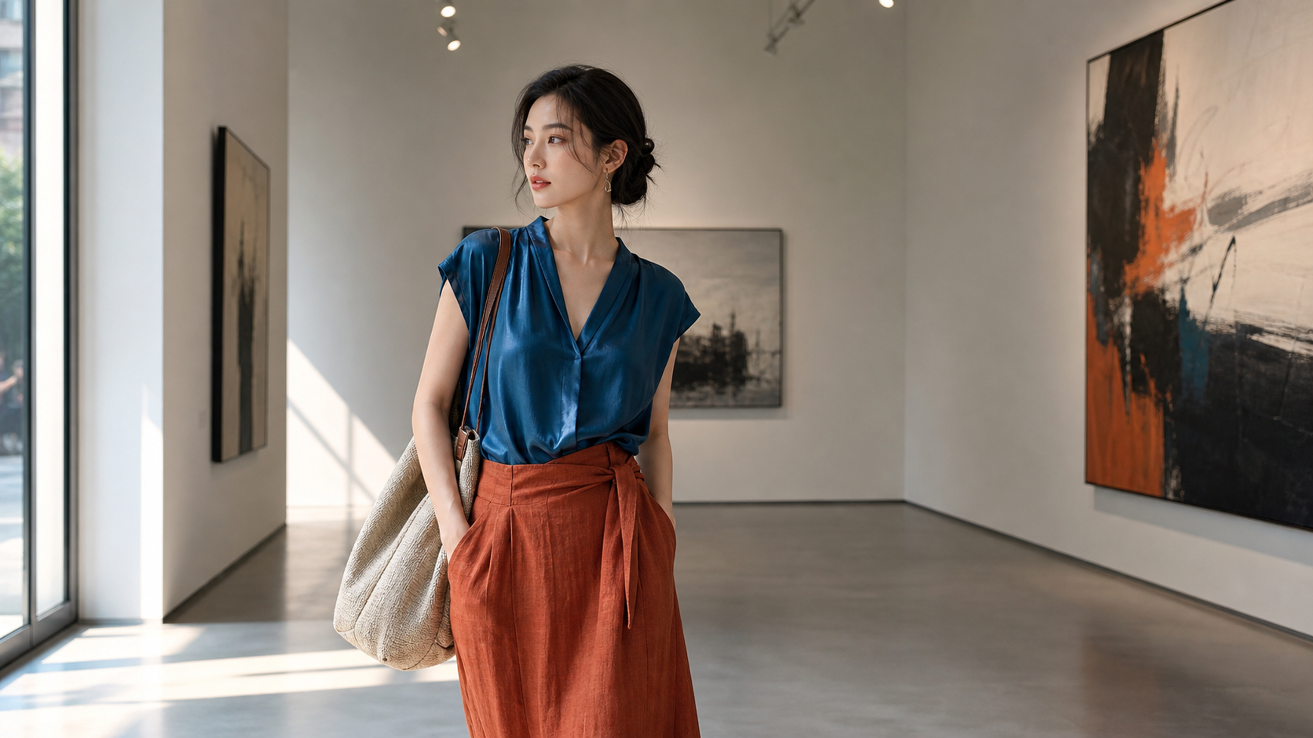 A fashionable Chinese young woman standing in a mo