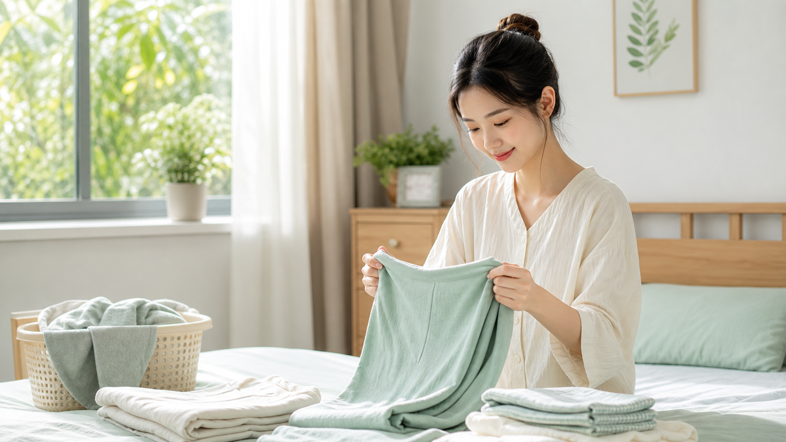 A young beautiful Chinese woman in a bright, airy