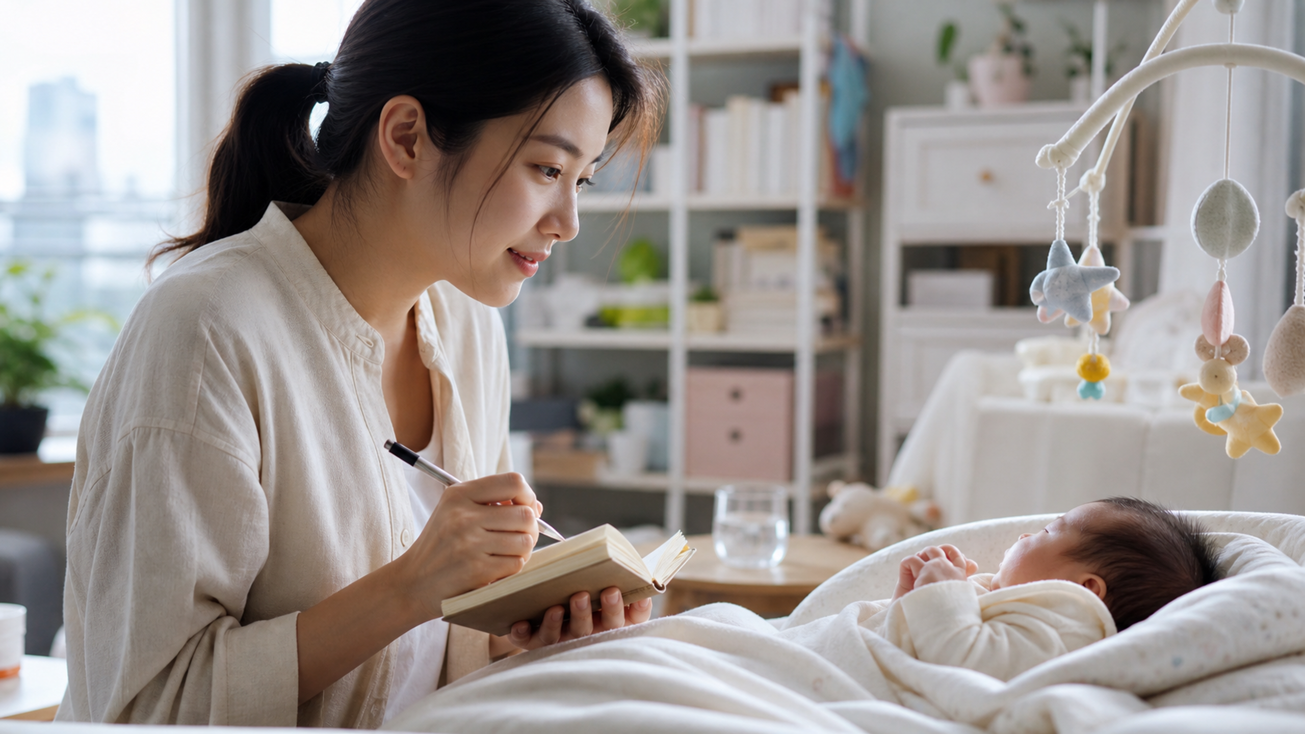 A Chinese young mother gently observing her newbor