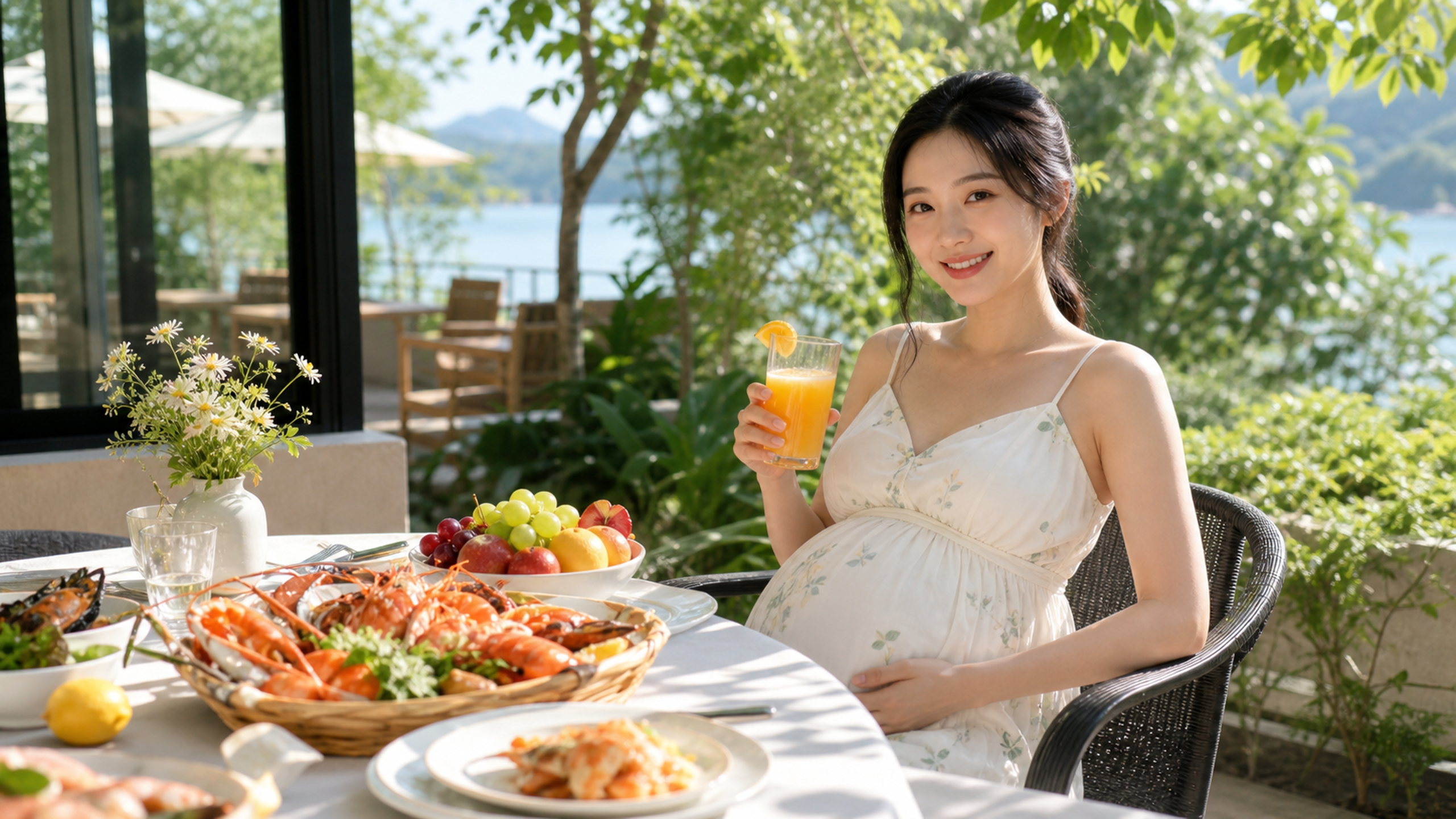 A beautiful Chinese pregnant woman sitting at a br