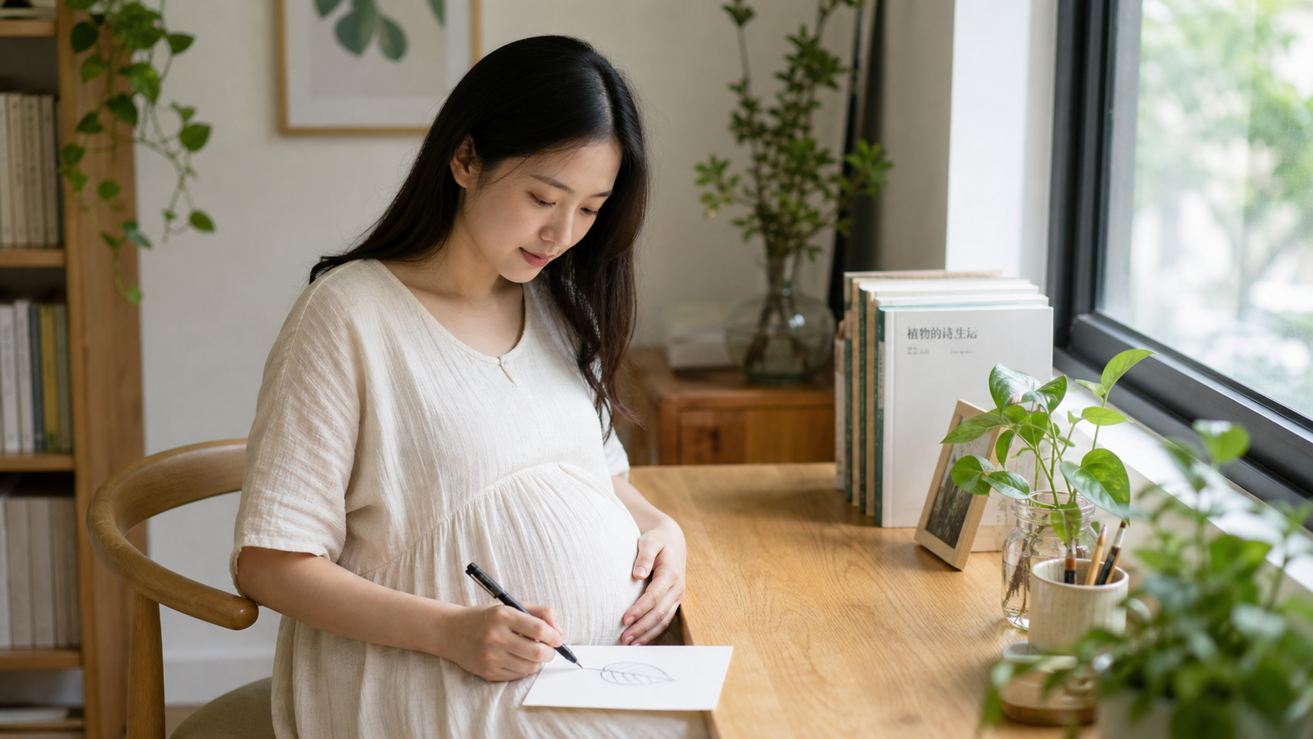 A gentle Chinese pregnant woman sitting at a clean