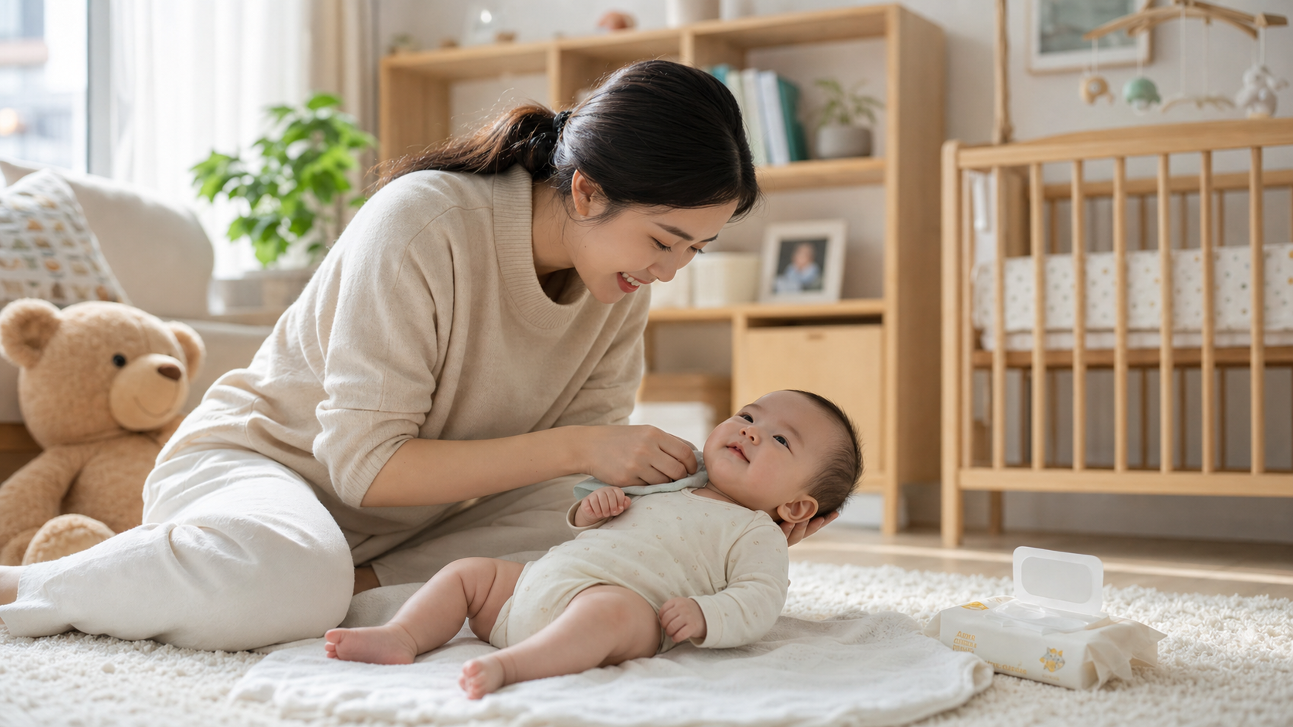 A Chinese young mother gently caring for her baby'